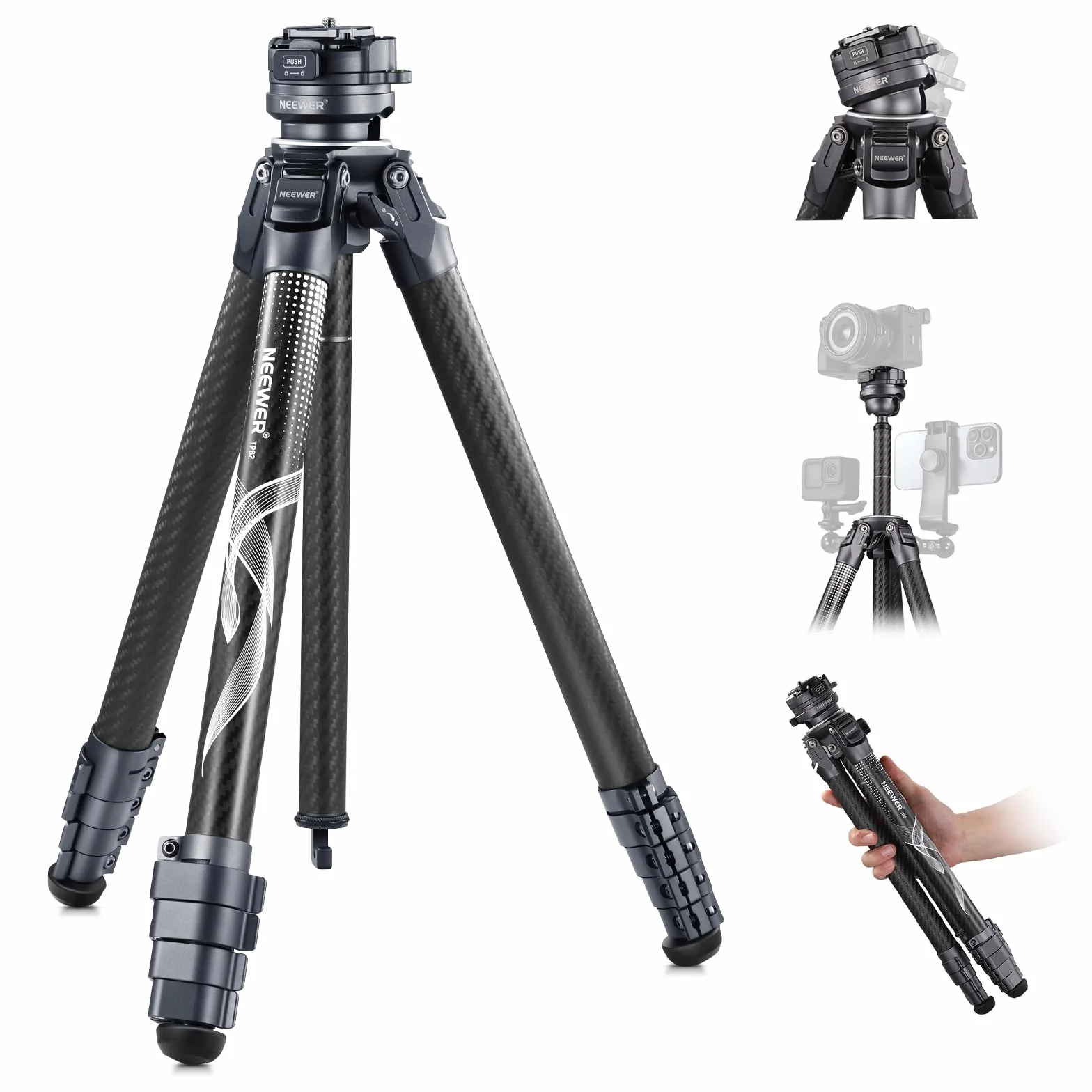 NEEWER Treppiede da Viaggio 62" Fibra di Carbonio con Livellamento ±15°Testa Pan 360°, Colonna Centrale Staccabile, Rilascio Rapido Arca Compatibile con Peak Design Piastra Treppiede Capture V3,TP62