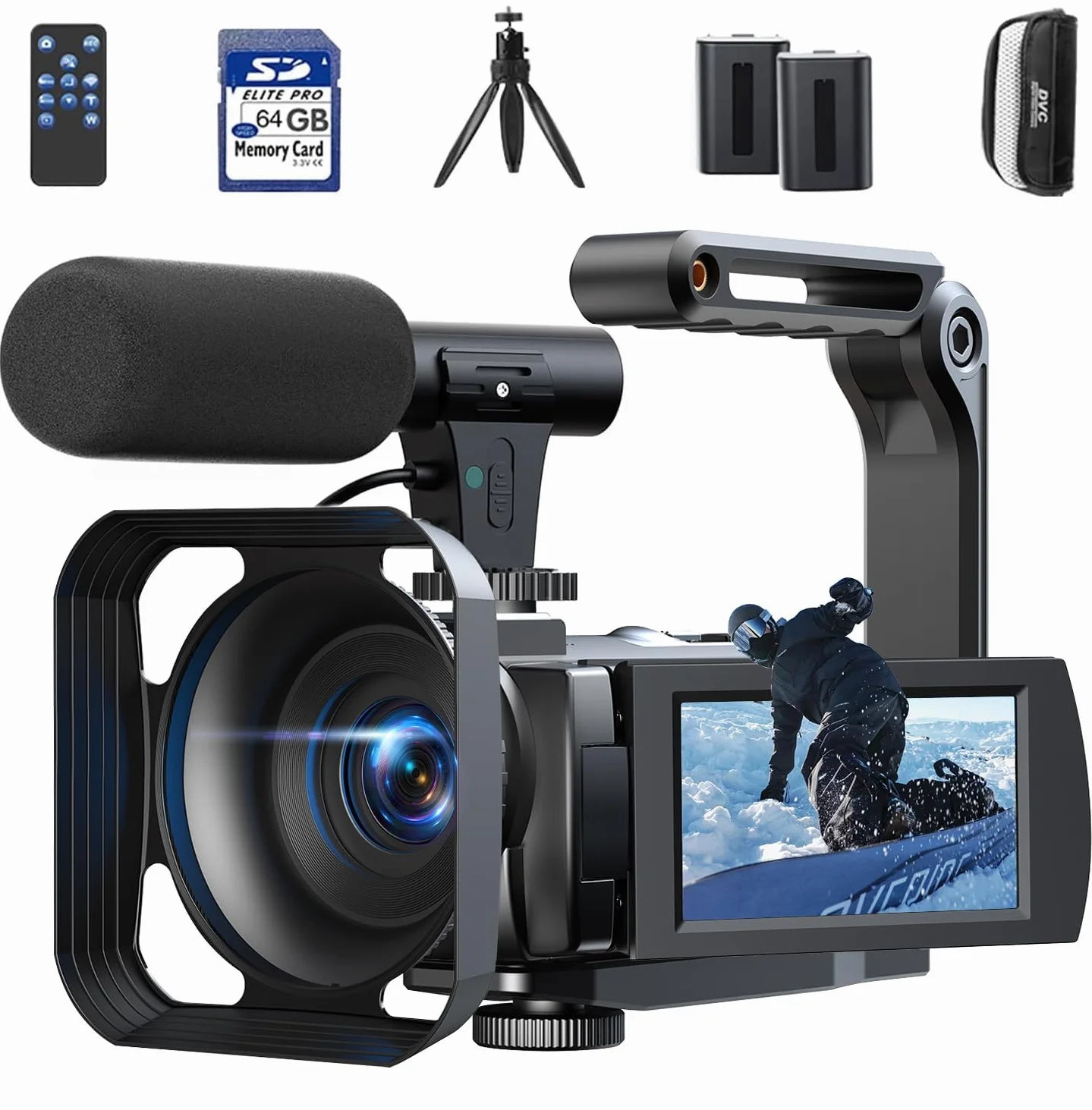 Videocamera 5K 56MP Camera Vlog per YouTube, WiFi, Visione Notturna IR, Zoom Digitale 16X, Schermo Touch 3", Webcam, Microfono Esterno, 2 Batterie, Scheda 64GB, Stabilizzatore, Telecomando, Treppiede