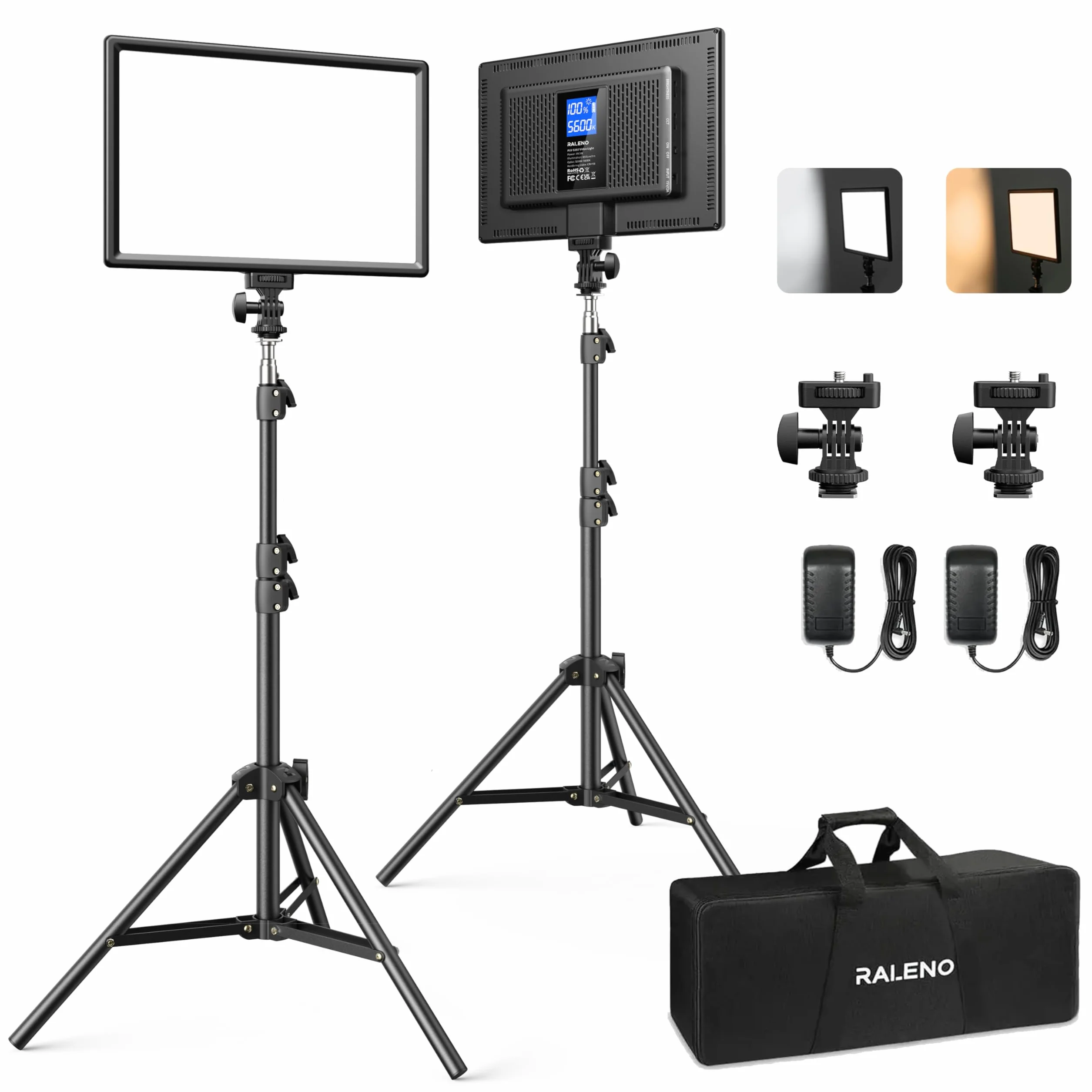 RALENO Luce Fotografica Kit di Illuminazione a 192 LED con Treppiede, Batteria Integrata da 8000mAh, 2500-6500K Bicolore Dimmerabile CRI95 per YouTube Fotografia Registrazioni Video in Studio