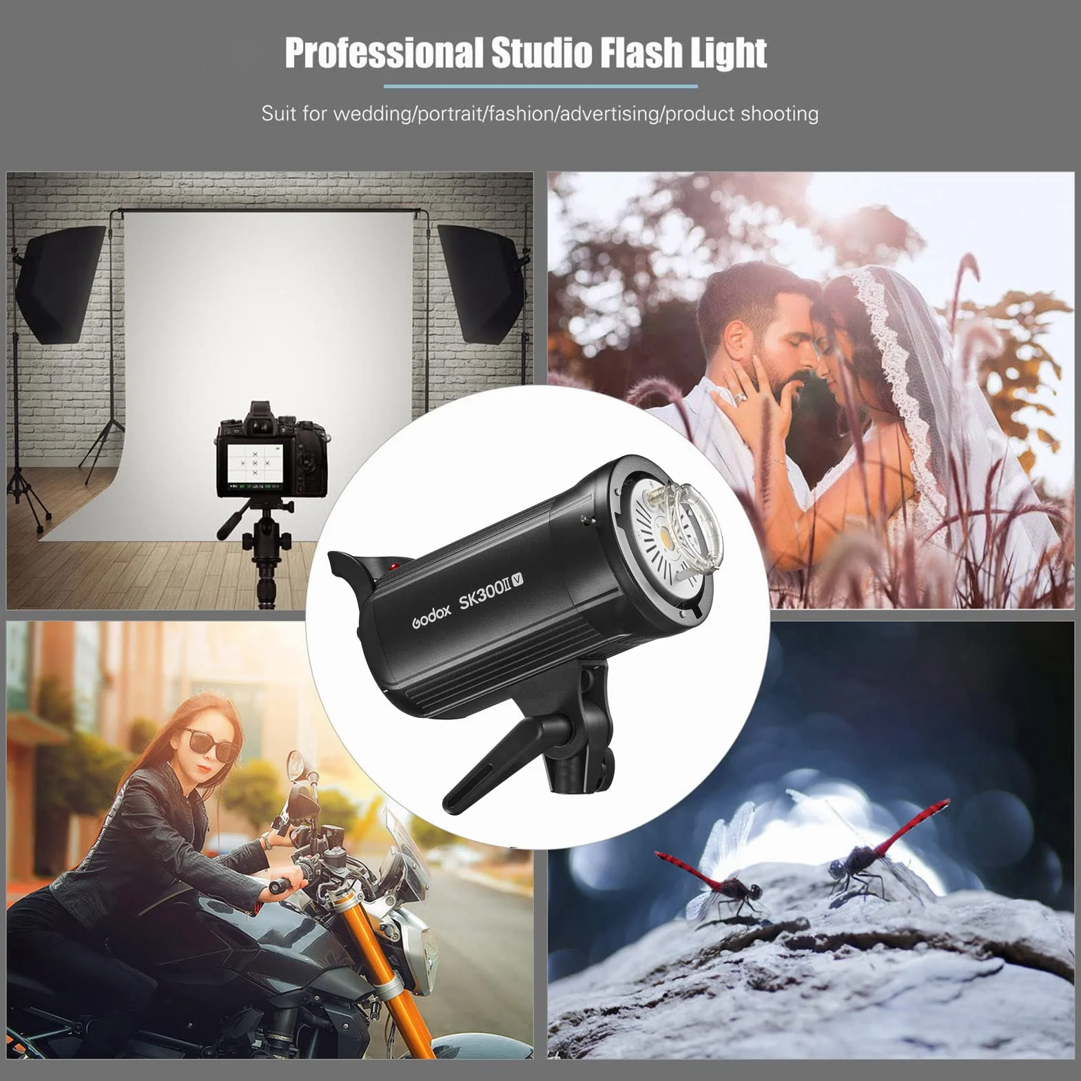 Godox SK300II-V Studio Flash Light 300Ws Potenza GN58 5600±200K Luce stroboscopica integrata Sistema X wireless 2.4G con lampada di modellazione a LED per ritratto di nozze Moda pubblicità fotografia