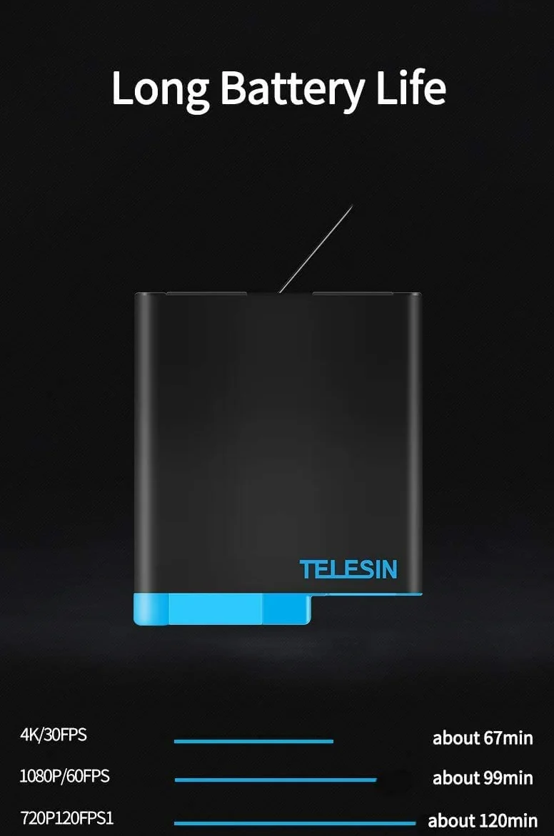 TELESIN Caricabatteria tripla e scatola di immagazzinaggio di batteria con caricabatteria a 3 canali con 2 batterie ricaricabili agli ioni di litio per Gopro Hero 8 Black, Hero 7/6/5 Black