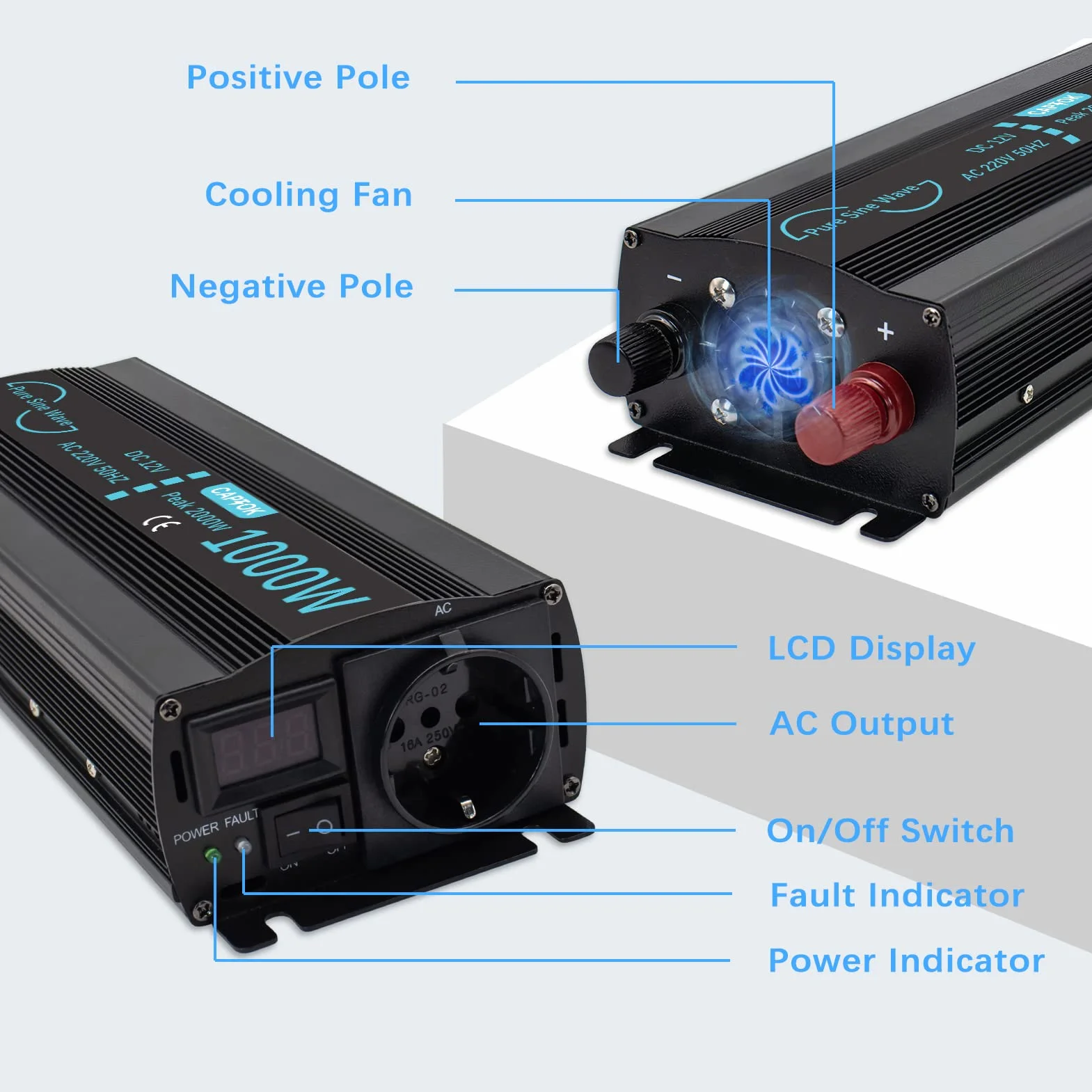 Power Inverter Onda Sinusoidale Pura 1000W da 12V CC a 220V 230V CA con display LCD Invertitore di Tensione per sistema solare RV domestico