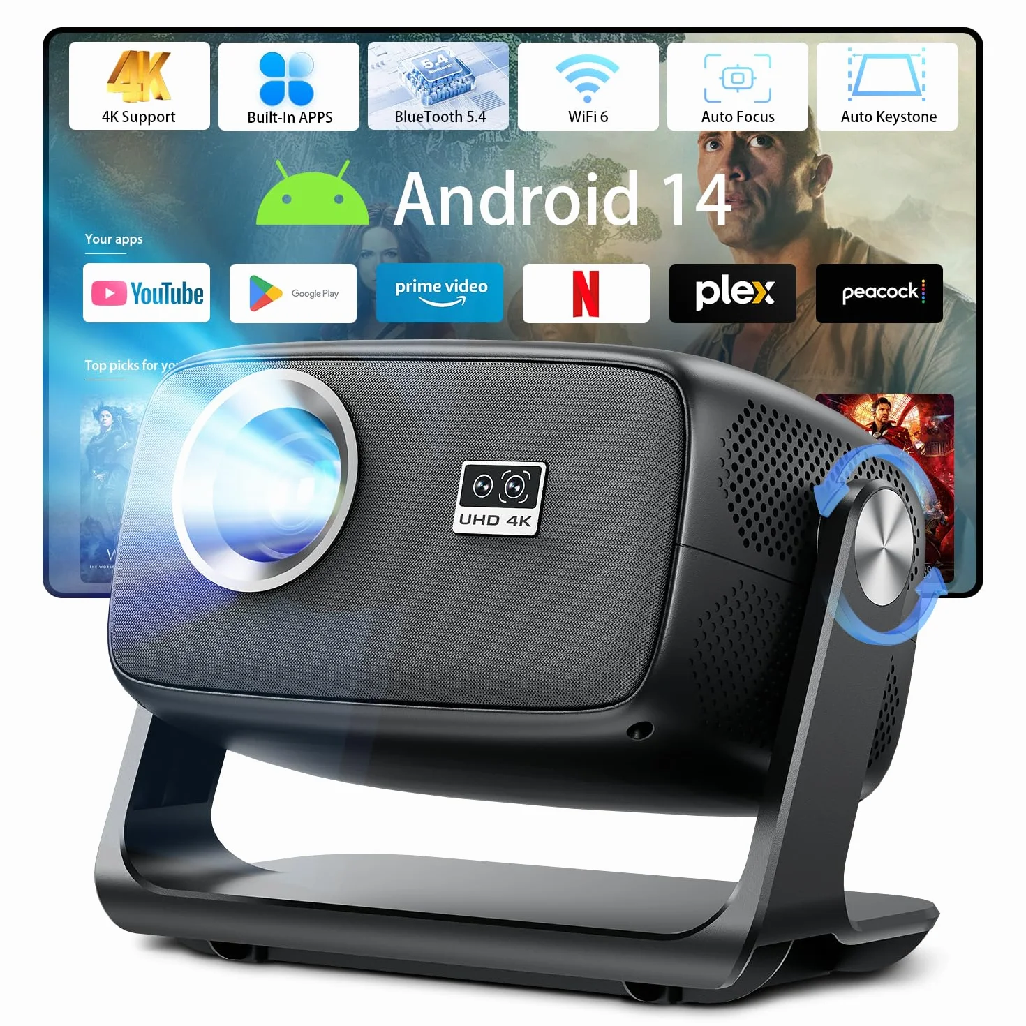Proiettore 4K 30000 Lumen Smart TV WiFi 6 Bluetooth 5.4 Autofocus Correzione Trapezoidale 6D Android 14 Videoproiettore