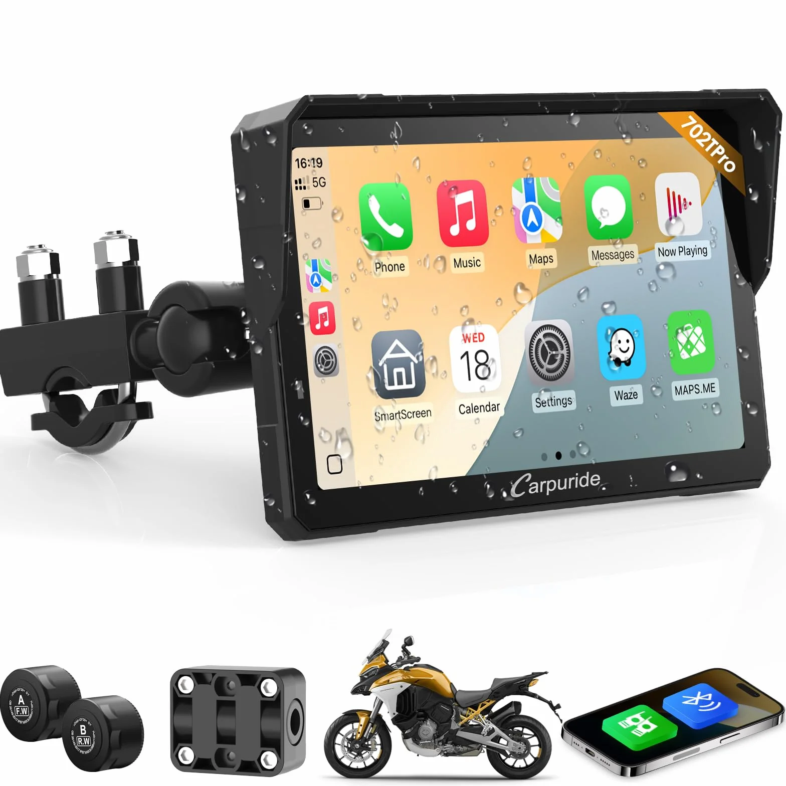 Carpuride W702T Pro Moto Carplay Schermo con TPMS Sistema, Senza Fili CarPlay e Android Auto, Portatile 7" Impermeabile Tattile Schermo, Doppio Bluetooth, Interfono Funzione, Navi, Bussola, Barometro.