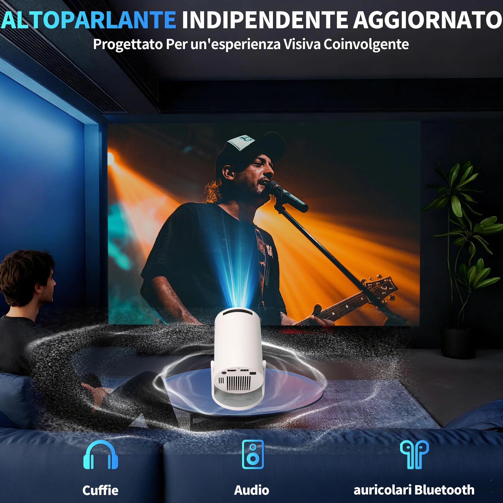 Mini Proiettore [App Integrata & 2026 Upgraded] Proiettore Portatile 4K 1080P con 5G WiFi 6 e BT 5.4 Supporta Rotativo 180° Correzione Trapezoidale Automatica Applicabile TV Stick/USB/HDMI,Bianco