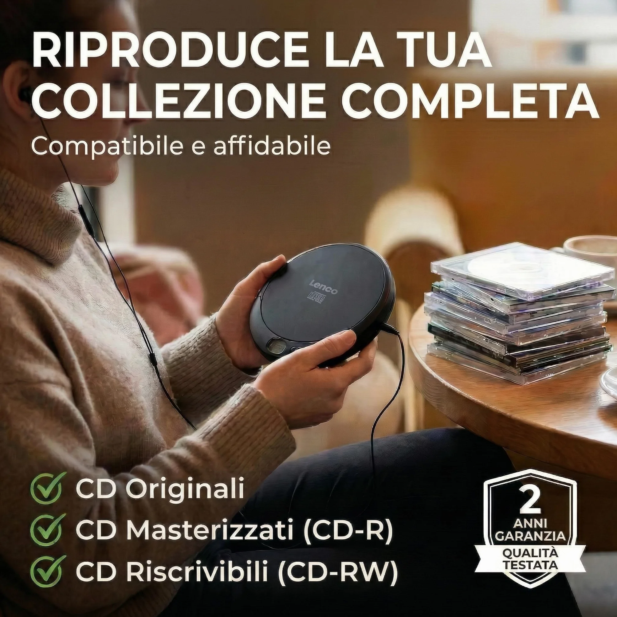 Lenco CD-010 Lettore CD portatile Walkman Nero con cuffie e cavo micro USB