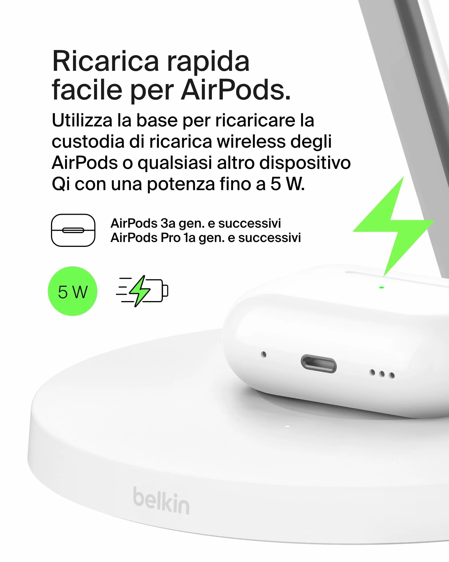 Belkin BoostCharge Caricatore 3 in 1 con Qi2, base di ricarica wireless compatibile con MagSafe, caricatore iPhone 17, Air, Pixelsnap, Apple Watch e AirPods, alimentatore incluso - Bianco