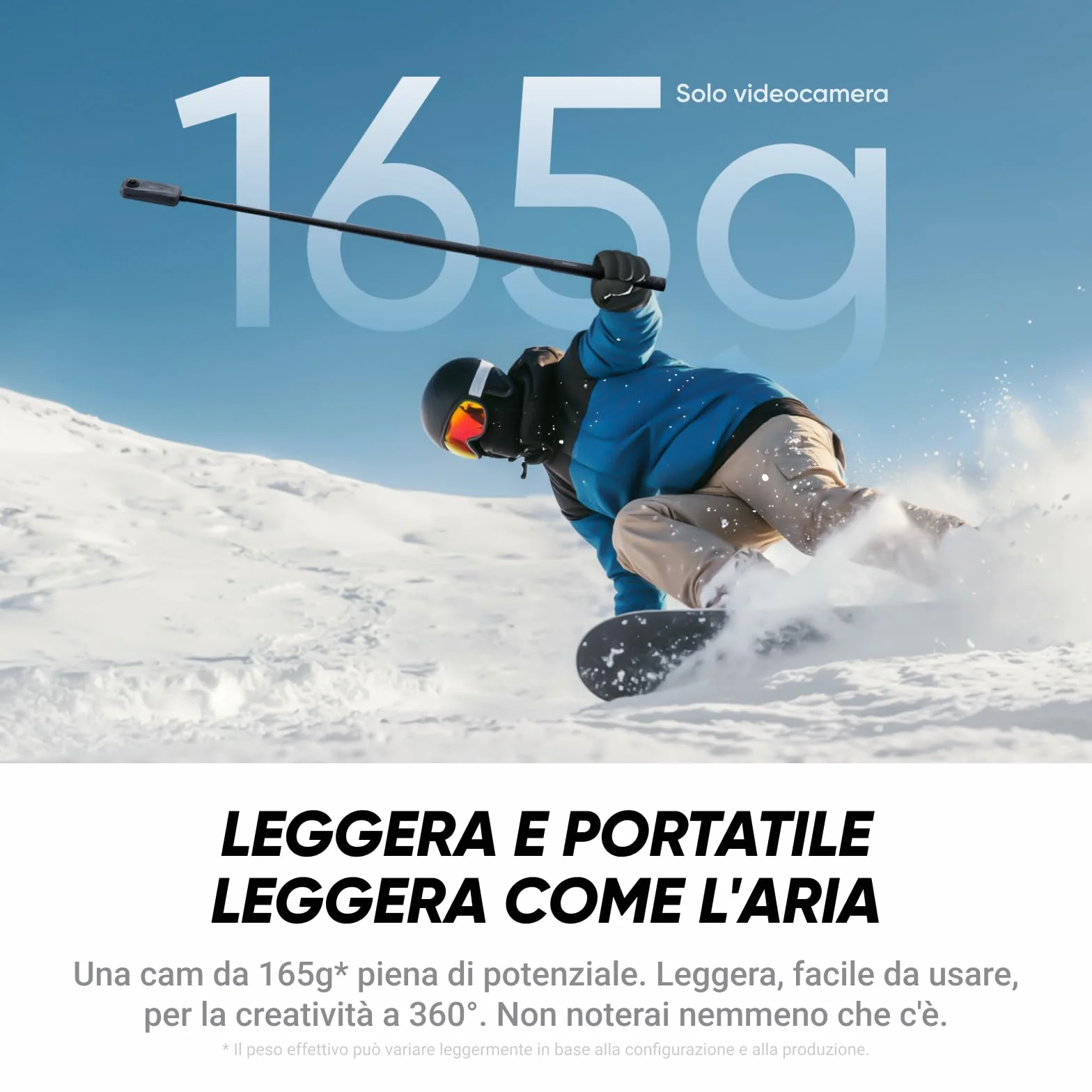 Insta360 X4 Air, Videocamera 8K 360 leggera, Selfie stick Invisibile, lenti sostituibili, cover antivento integrata, stabilizzazione FlowState, prima registri poi inquadri