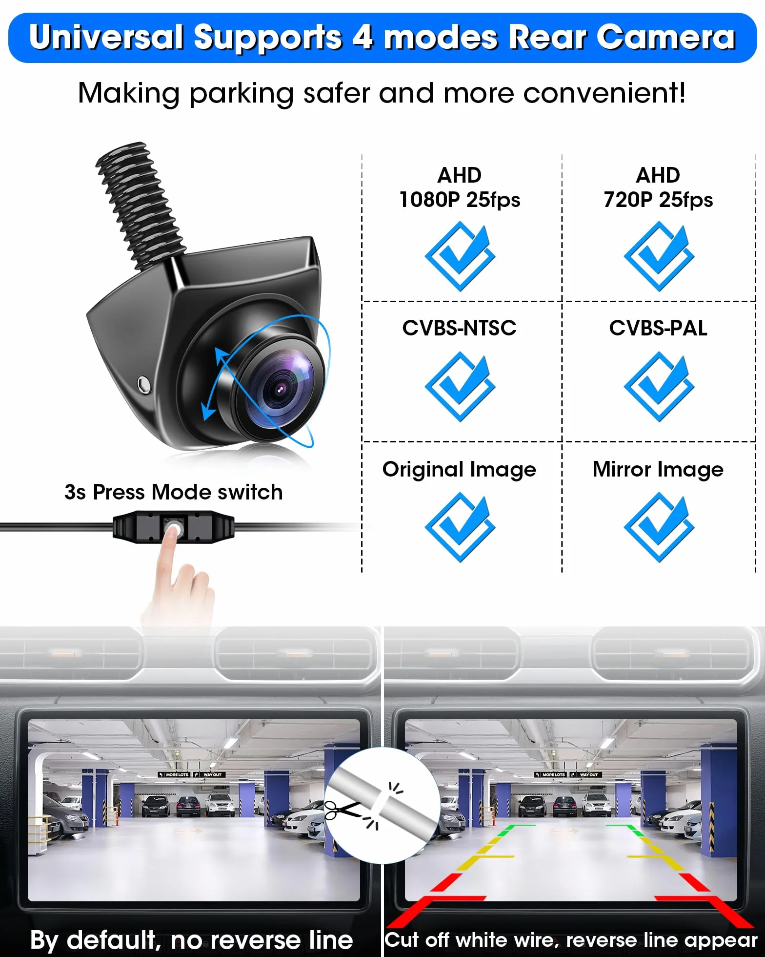 Retrocamera AHD 1080P/AHD 720P/CVBS/PAL Retrocamera Auto, 360° Rotante Telecamera Posteriore Auto Telecamera Retromarcia Auto Notturna 170° Grandangolo IP69 Impermeabile per SUV 12V-24V Pickup Camper