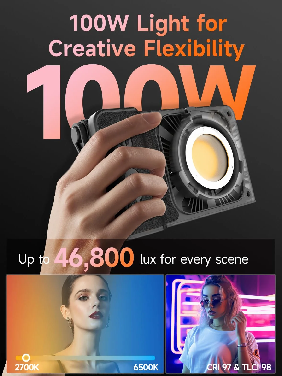 Faretto Fotografia, Rollei LUX 100W Luce Video Professionale Portatile 345 g DC/Tipo C con APP Candela per Registrare Video Intervista Live Streaming, Faretto-LED-Luce-Fotografia-Video