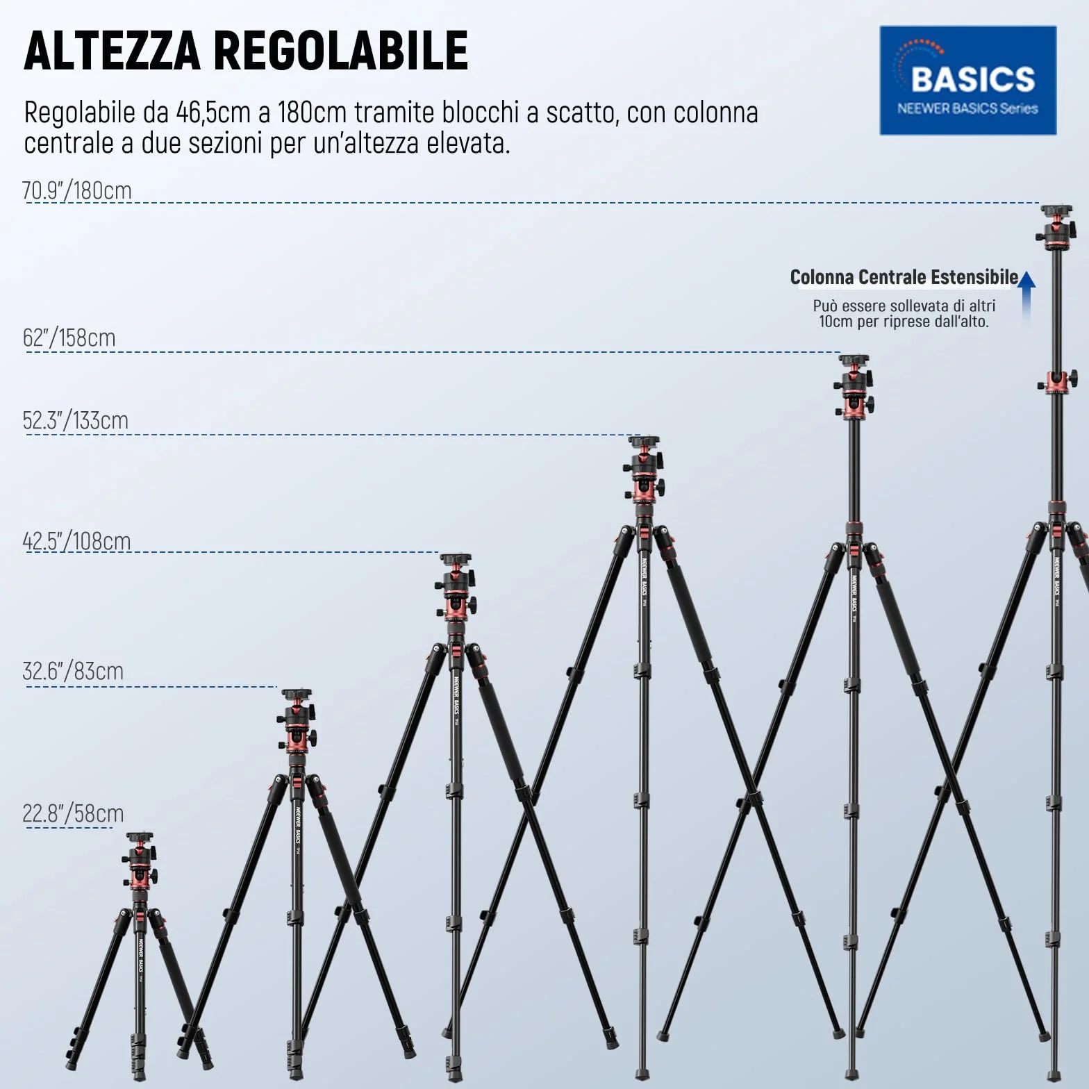 NEEWER BASICS Monopiede Treppiede Fotocamera da 1,8m con Colonna Centrale e Testa Sfera, Overhead Tripod DSLR Cellulare a Sgancio Rapido Compatibile con iPhone per Riprese Video Viaggio, Max 8kg, TP16