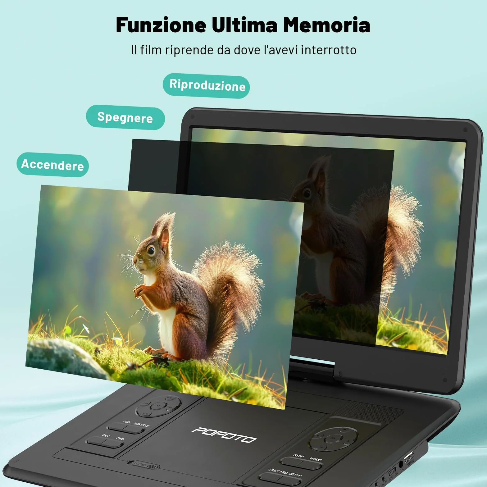 Lettore DVD Portatile 17,5" Schermo Rotante HD 15,6" Autonomia 6 Ore USB SD Sync TV Antishock Nero