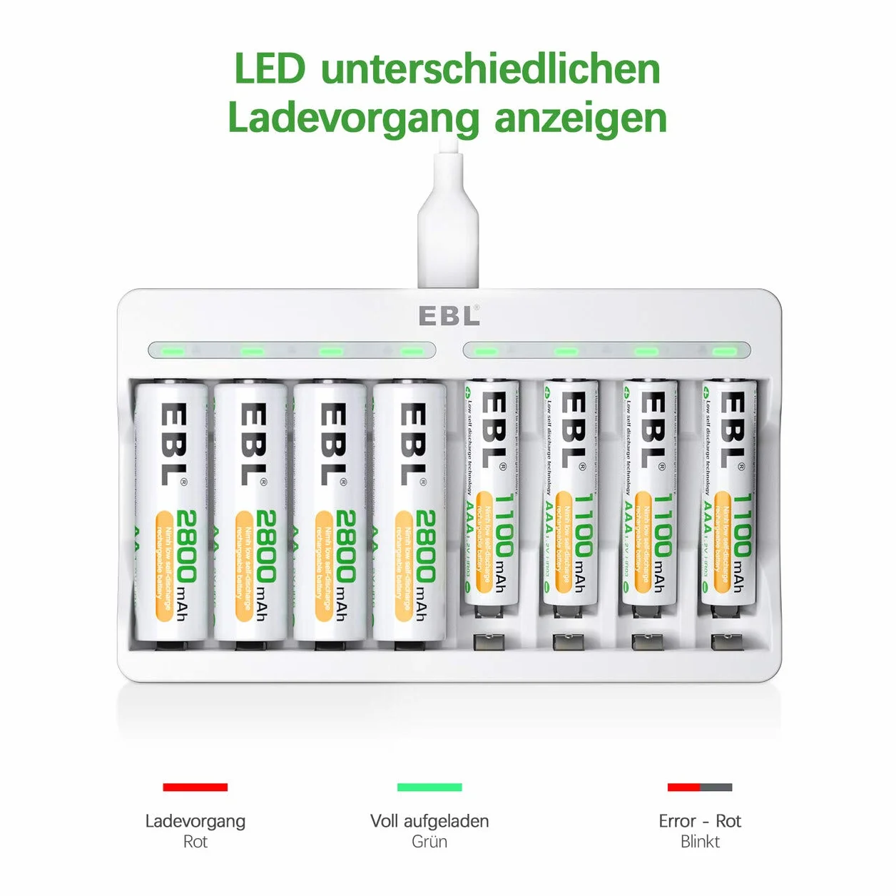 EBL Caricabatterie Indipendente 8 Slot per Batterie Ricaricabili AA AAA Ni-MH con 4 pcs AA 2800mAh e 4 pcs AAA 1100mAh