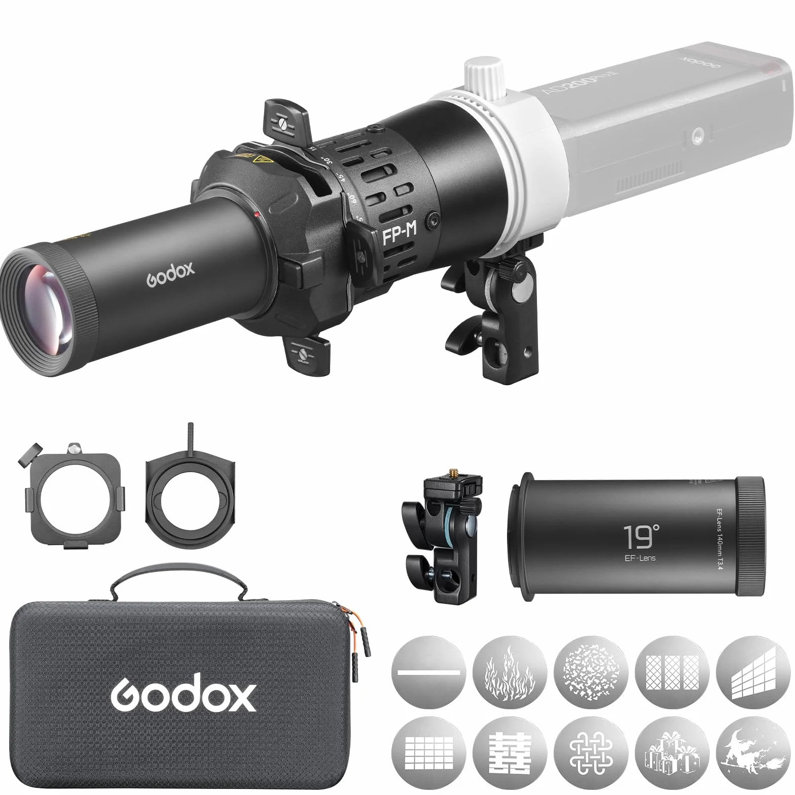 Godox FP-M-19 Snoot per proiettore flash per Fotografia con Supporto per Gobo Cornice Colorata Set Schede con Motivi Compatibile con Tre Obiettivi di Proiezione Una Vasta Gamma Modelli Flash Studio