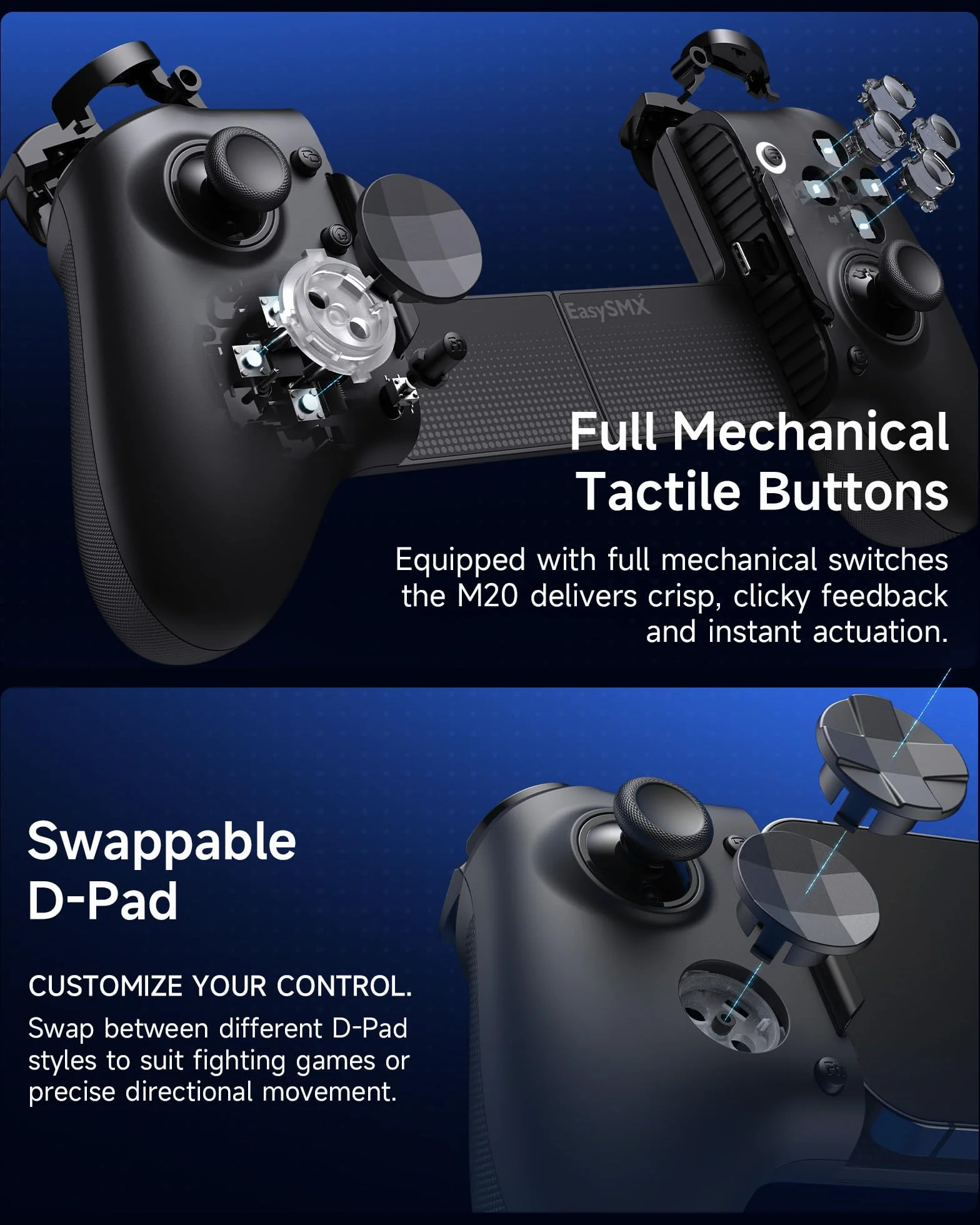 Controller mobile EasySMX M20 con USB-C per iPhone, smartphone Android e tablet 8,5", controller per smartphone con joystick a effetto Hall/grilletto a due stadi, doppi motori di presa
