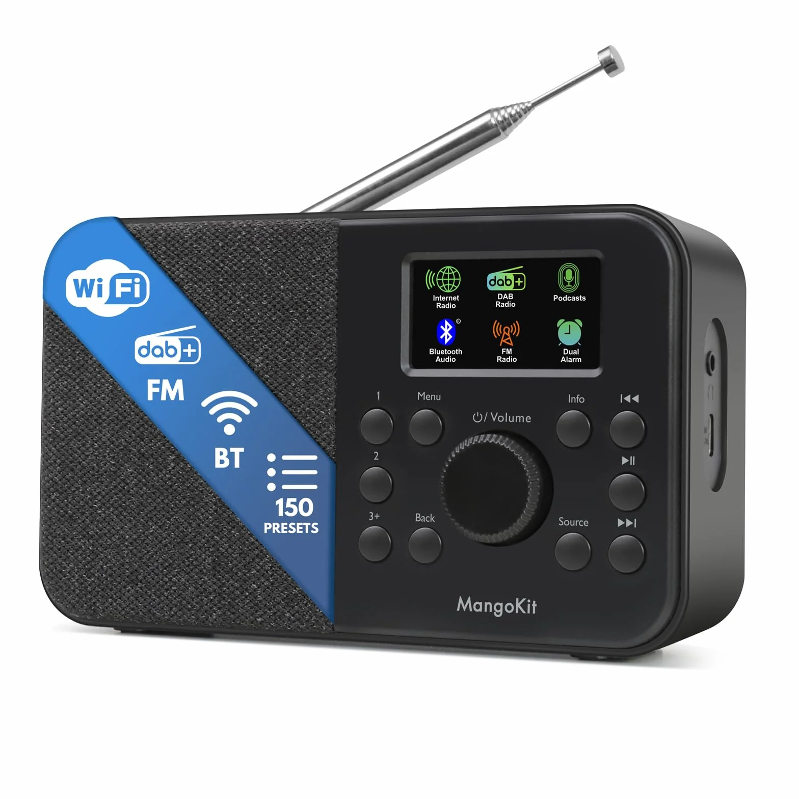 Radio DAB+ portatile con Bluetooth 5.3, WiFi, FM, 150 preset, sveglia, display a colori