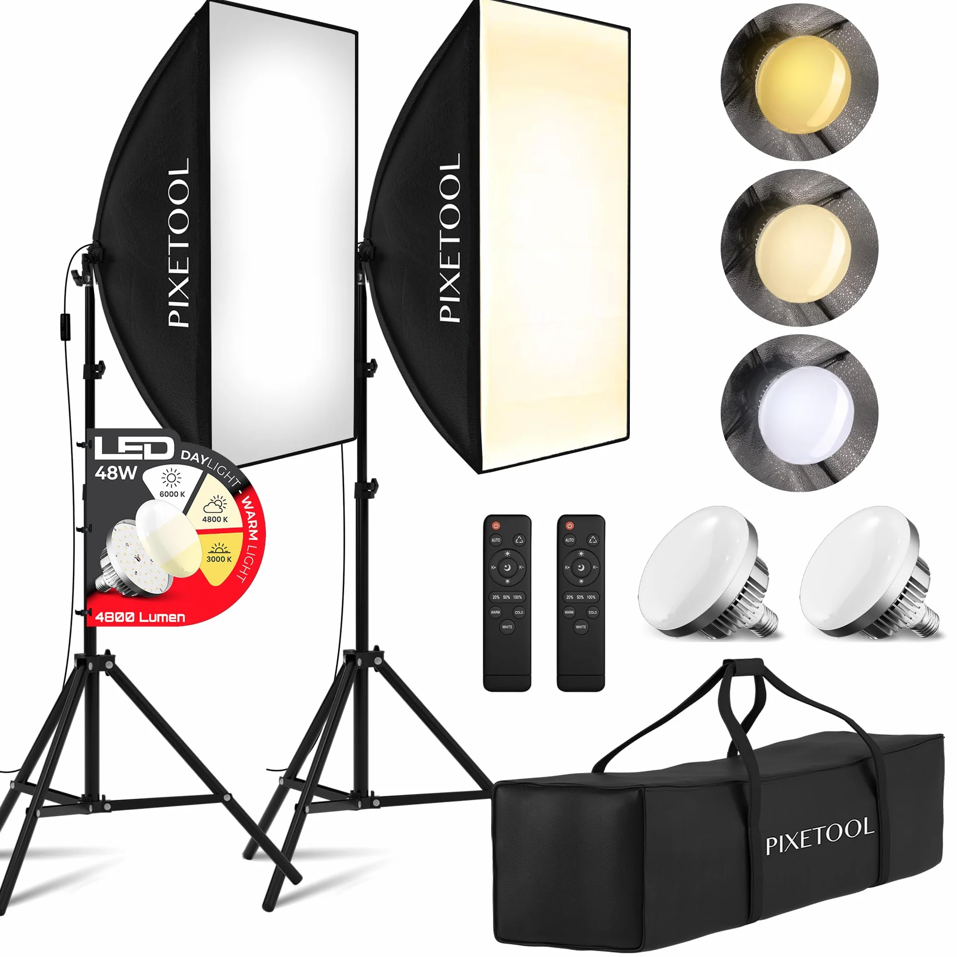 Set Softbox per Studio Fotografico - 2 Softbox 70x50 cm, 2 Luci a LED 4800 Lumen 3000-6000K - Luce Fotografica - Kit di Illuminazione – Lampada Fotografica