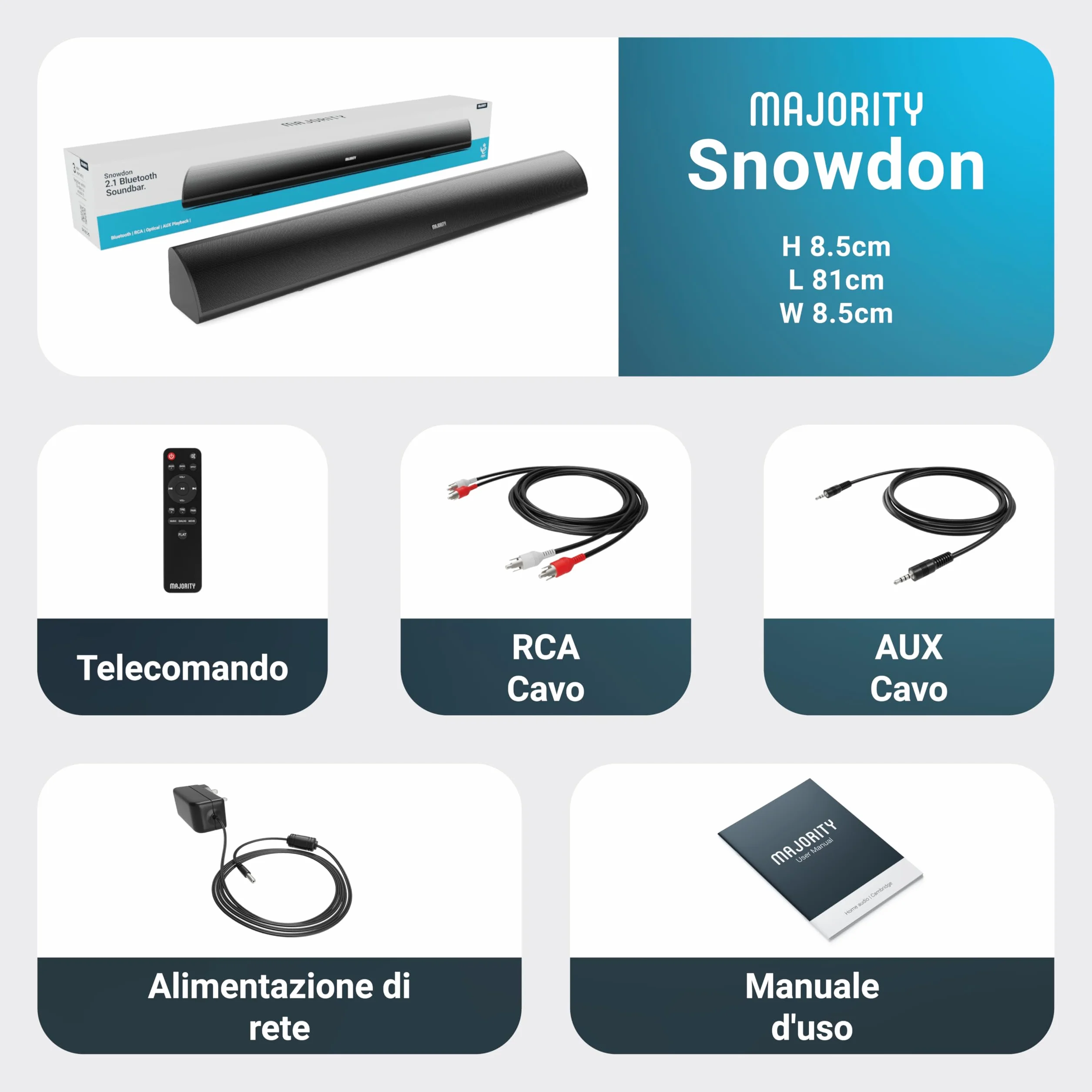 Majority Barra Soundbar TV con Subwoofer Integrato | 2.1 Home Theater | 120W Cassa TV Sound Bar | Casse Bluetooth con Connessione RCA, ottica e AUX | Altoparlanti Montabile a Parete Snowdon