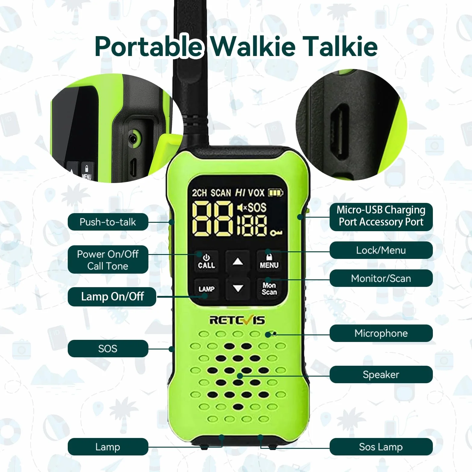 Retevis RT649P IP67 Walkie Talkie Impermeabile Galleggianti Ricaricabili PMR446 16CH Allarme SOS Lungo Raggio 2 Pz