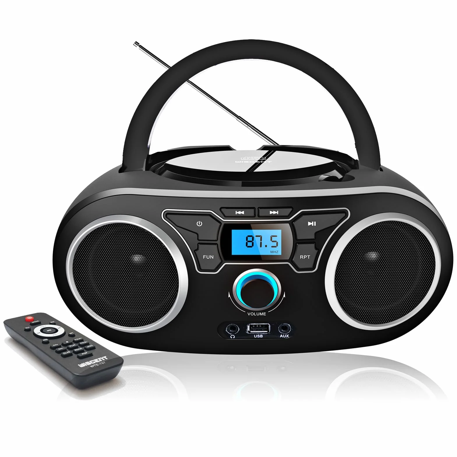 WISCENT Lettore CD Boombox Portatile - Stereo con Radio FM, Ingresso Bluetooth, USB, AUX, Uscita Auricolari, Audio Domestico Compatto, AC o Alimentato a Batteria