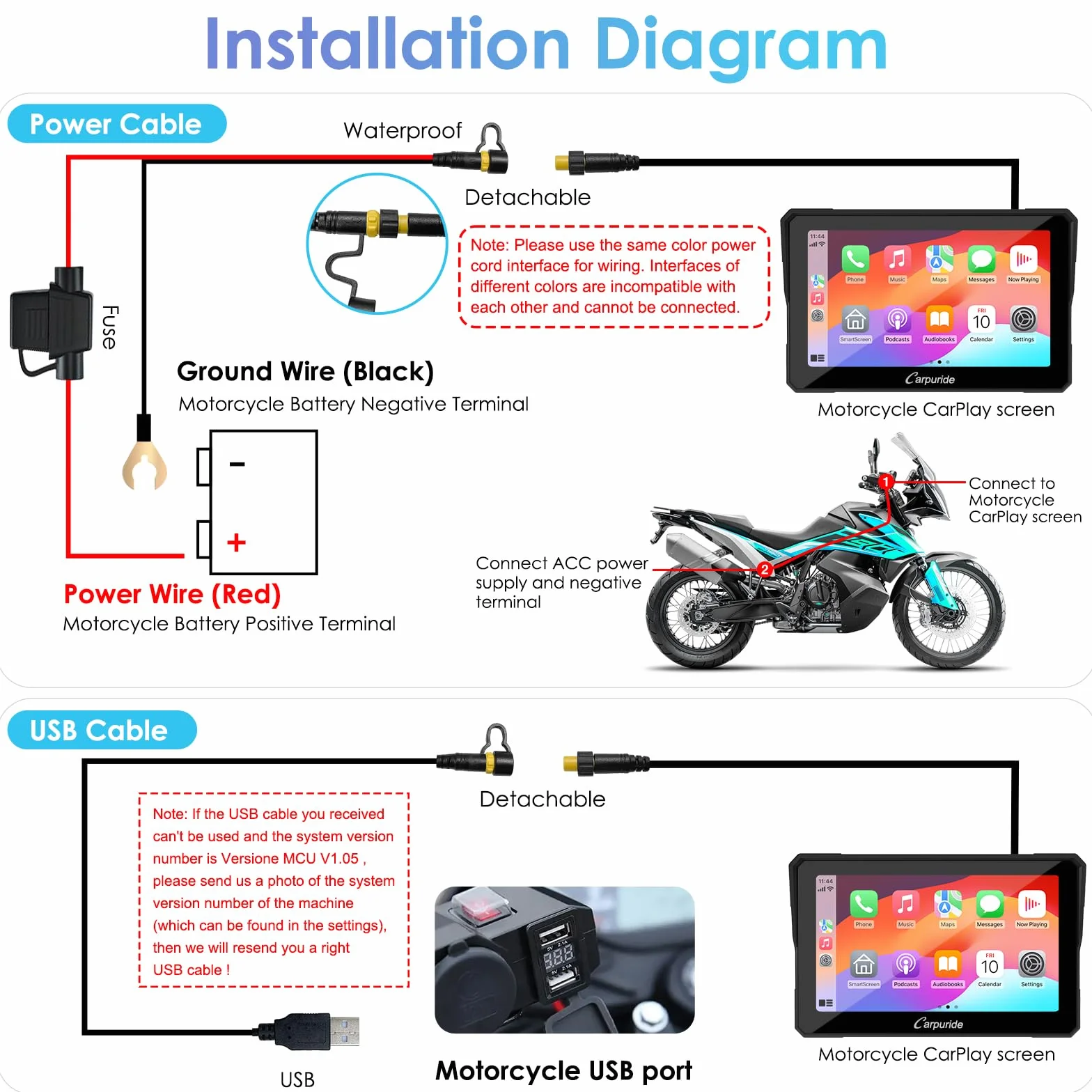 Carpuride W702 Senza Fili Schermata Carplay Per Moto, Portatile CarPlay & Android Auto Per Moto, 7 Pollici Impermeabile Touchscreen,Supporto Bluetooth Trans, Navigazione GPS, Siri.