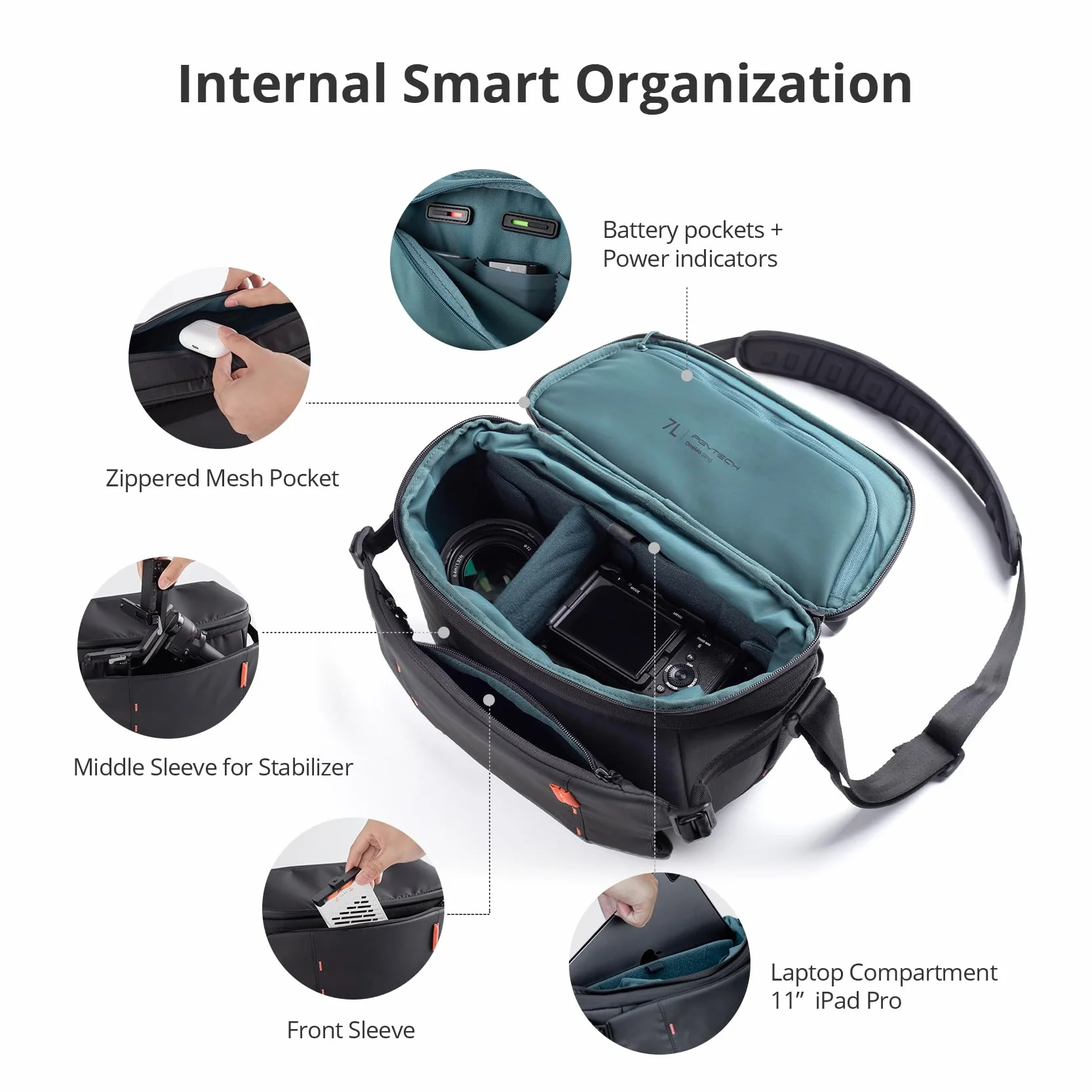 PGYTECH OneMo Borsa Fotografica 11L-13L, Tracolla Impermeabile da Viaggio, Messenger per Mirrorless e Reflex/DJI Avata 2/Mini 4 Pro/Mavic/Treppiede/Laptop, Nero