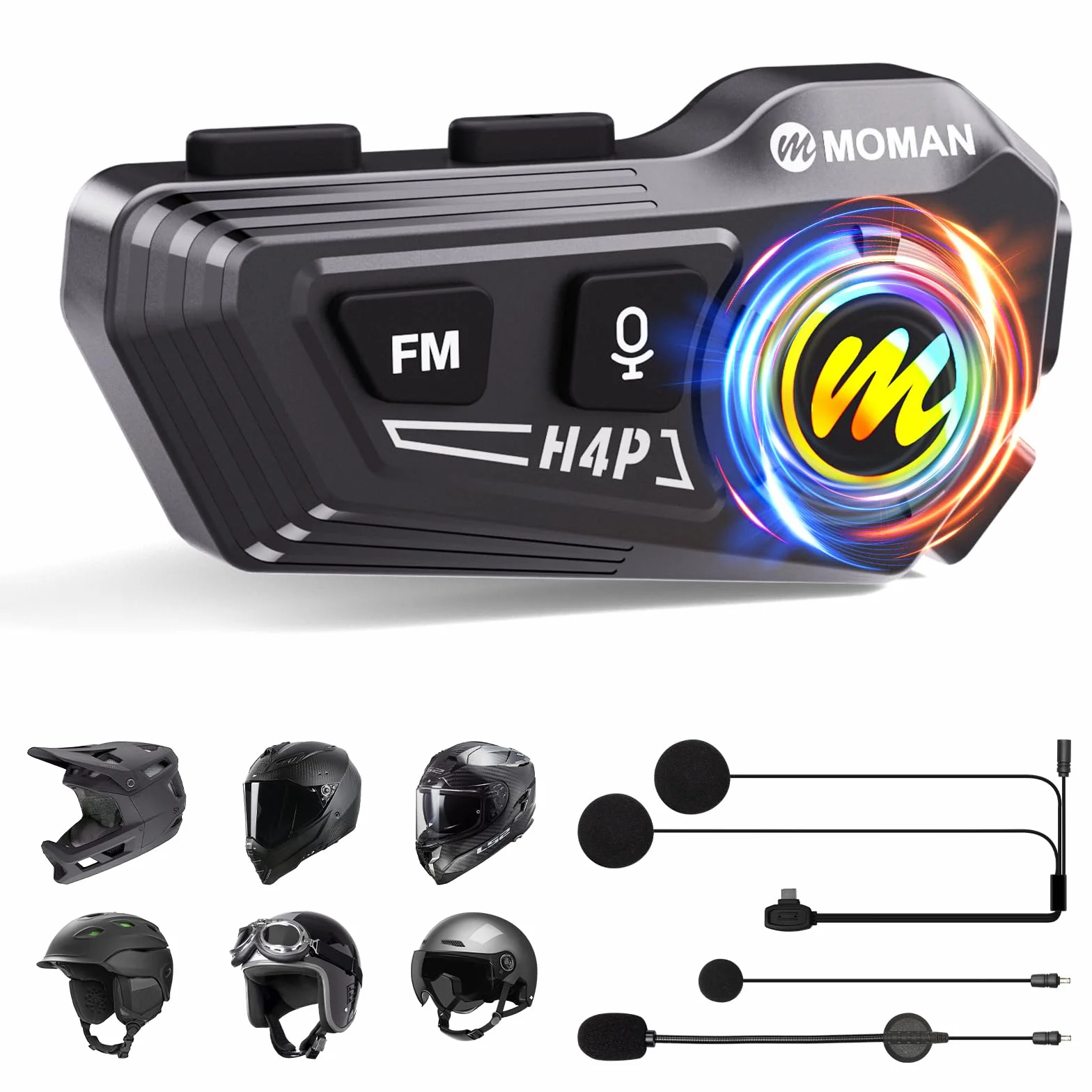 Moman Auricolare Casco Moto-1000mAh Batteria, RS-H4P Cuffie Casco Moto Doppia Riduzione del Rumore con Hi-Fi Microfono Morbida/Dura FM/RGB/IPX6/Controllo Musica/Vocale AI Auricolari Moto Per Singola