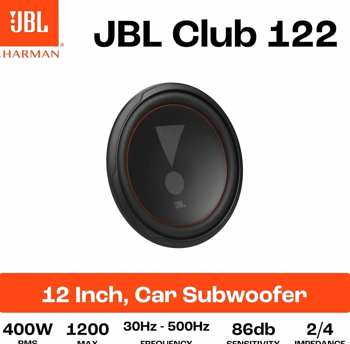 JBL Club 122 subwoofer 12 pollici (305 mm), 400 W RMS, 4 ohm, potente subwoofer auto, bassi profondi e precisi, ideale per sistemi audio car e appassionati di bassi