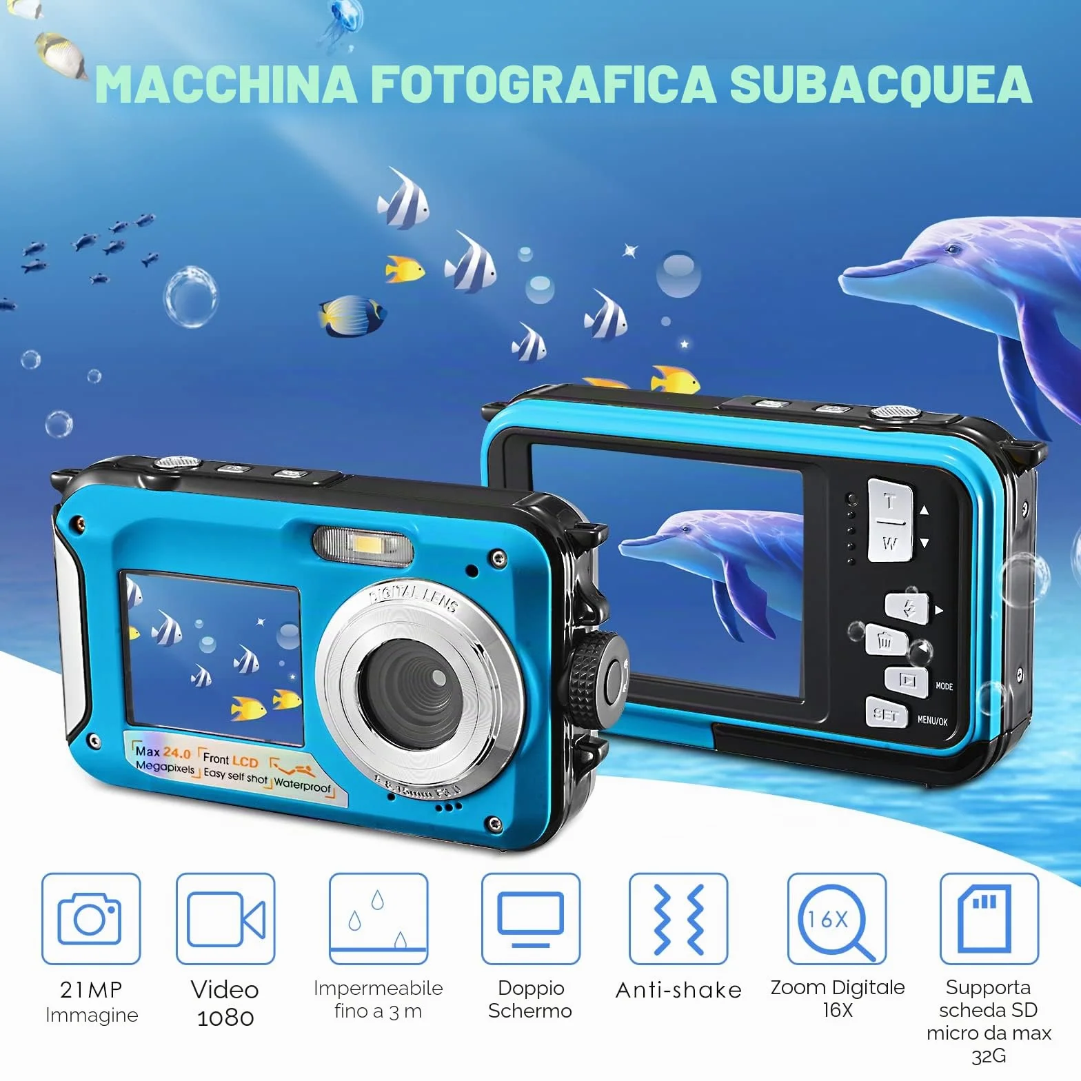 Fotocamera impermeabile digitale Full HD 2,7 K 24 MP Macchina Fotografica Subcquea 16X Zoom digitale fotocamera impermeabile con doppio schermo, per adolescenti studenti principianti