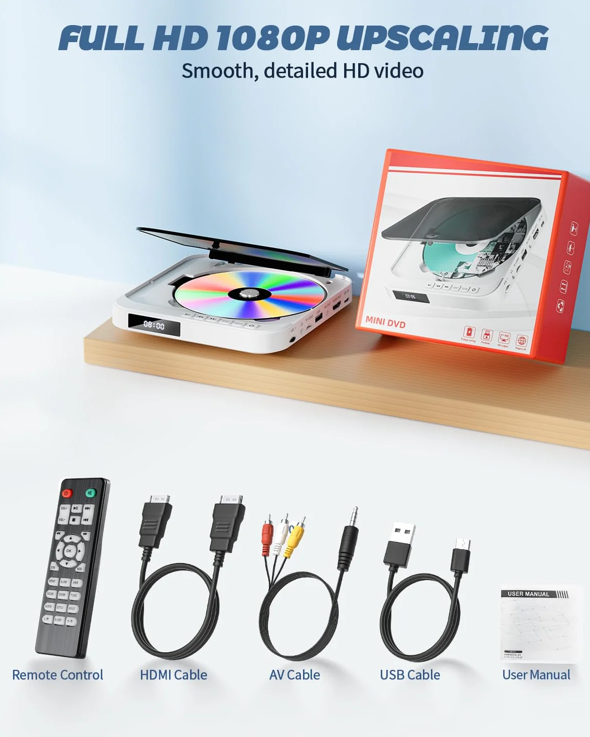 Desobry Mini lettore DVD per TV, piccolo lettore DVD HDMI per tutte le regioni, memoria punto di interruzione (MD115W-04DE)