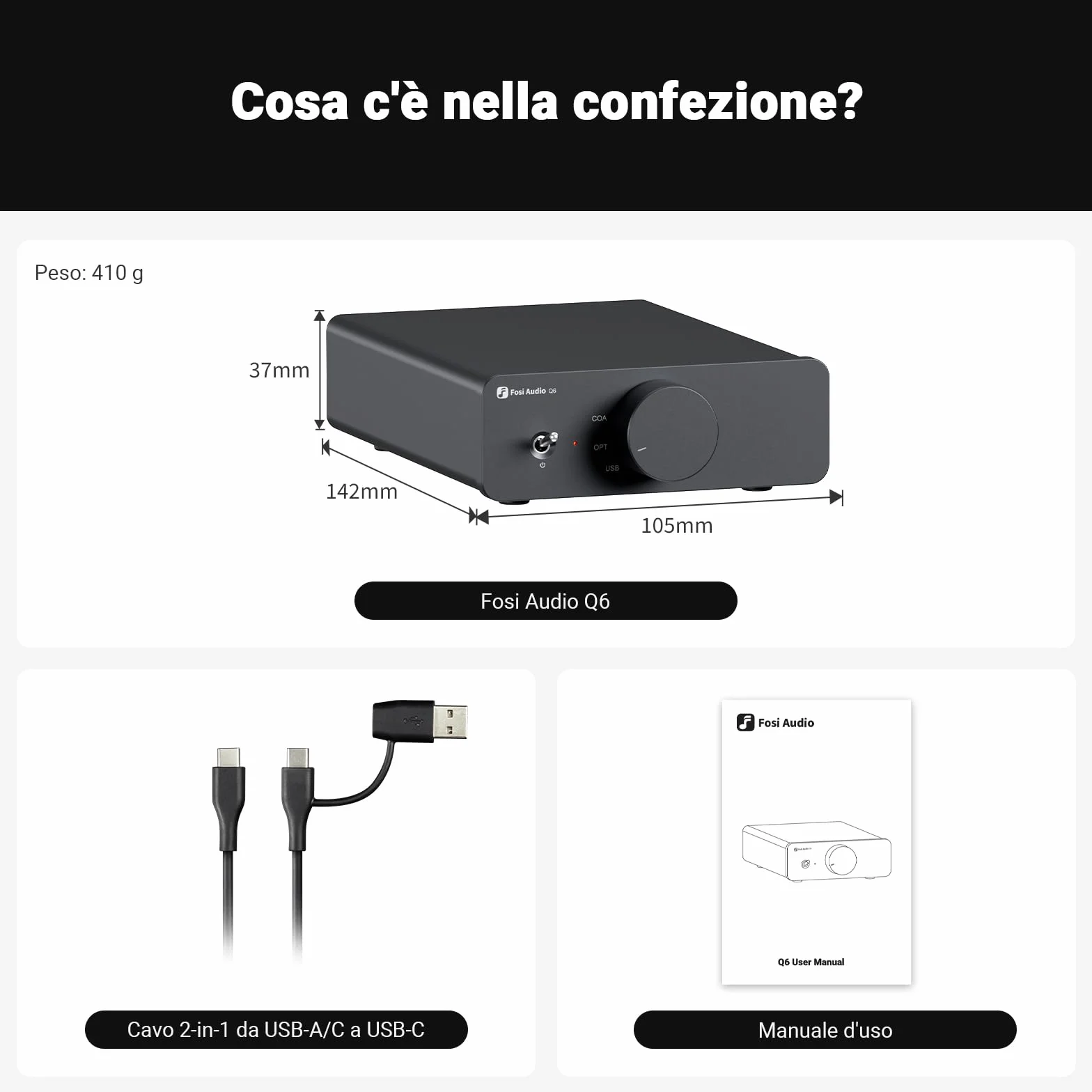 Fosi Audio Q6 Mini DAC Audio Hifi da Tavolo, USB C DAC per Amplificatore Stereo Domestico e Amplificatore Cuffie, Ingresso ottico/coassiale, uscita RCA/sub-out, Hi-Res 32bit/768kHz DSD512