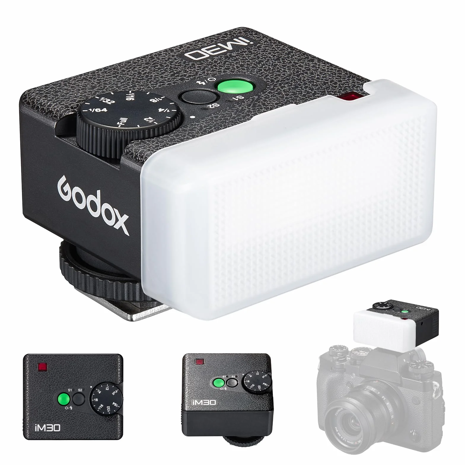 Godox IM30 Mini Pocket Flash Speedlite Manuale,S1/S2 Controllo Ottico Portable Hot Shoe Flash 7 Livelli Di Potenza 6500K±200K Temperatura Colore Per Sony,Canon,Nikon,Fuji(con diffusore tricolore)
