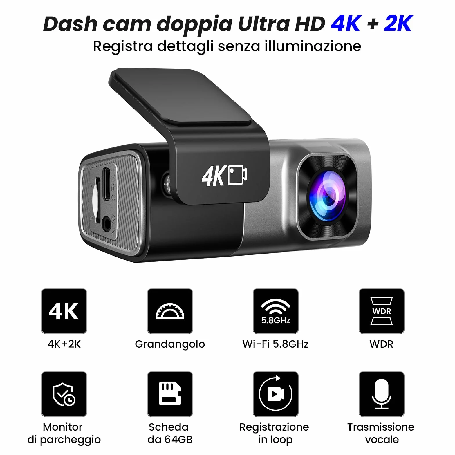 Dash Cam Auto 4K Anteriore e 2K Posteriore, WiFi 5GHz con App, G-Sensor, Registrazione in Loop, Modalità Parcheggio 24H, SD 64G