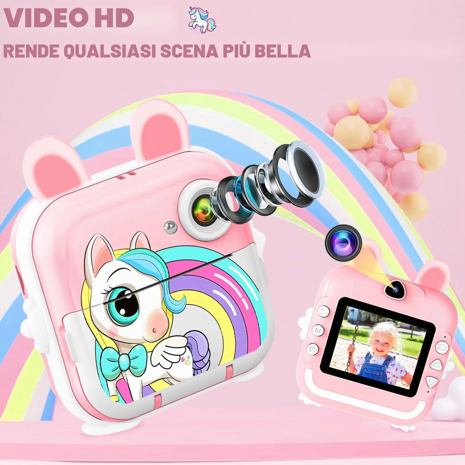CATGIFF Macchina Fotografica Bambini Istantanea, 2.4 Pollici 1080P HD Fotocamera Digitale Bambini con Matita Colorata Carta da Stampa e 32GB Scheda, Rosa
