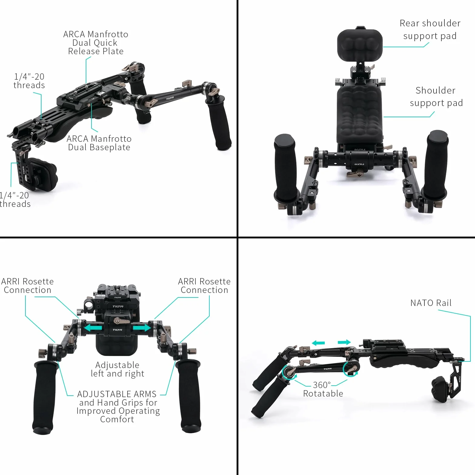 Tilta Lightweight Shoulder Rig per il kit del sistema di produzione video DSLR, con piastra a sgancio rapido ARCA Manfrotto Dual Baseplate Impugnatura regolabile a rosetta TA-LSR-B
