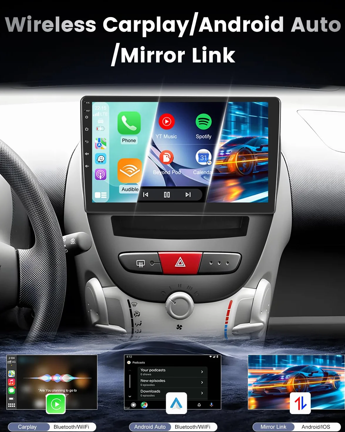 NHOPEEW Autoradio Android 2+64 GB per Peugeot 107 / Citroën C1 / Toyota Aygo 2004-2014 Supporta CarPlay Android Auto, video online, navigazione GPS e comandi al volante temi per l'interfaccia utente