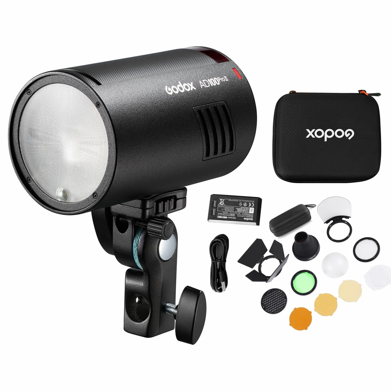Godox AD100ProII - Flash da studio TTL da 100 W + AK-R1 set, 1/8000 s HSS per fotocamera, 0,01-1,5s, zoom da 28 ~ 85 mm, 490 flash a piena potenza, batteria e caricatore integrati da 2850 mAh