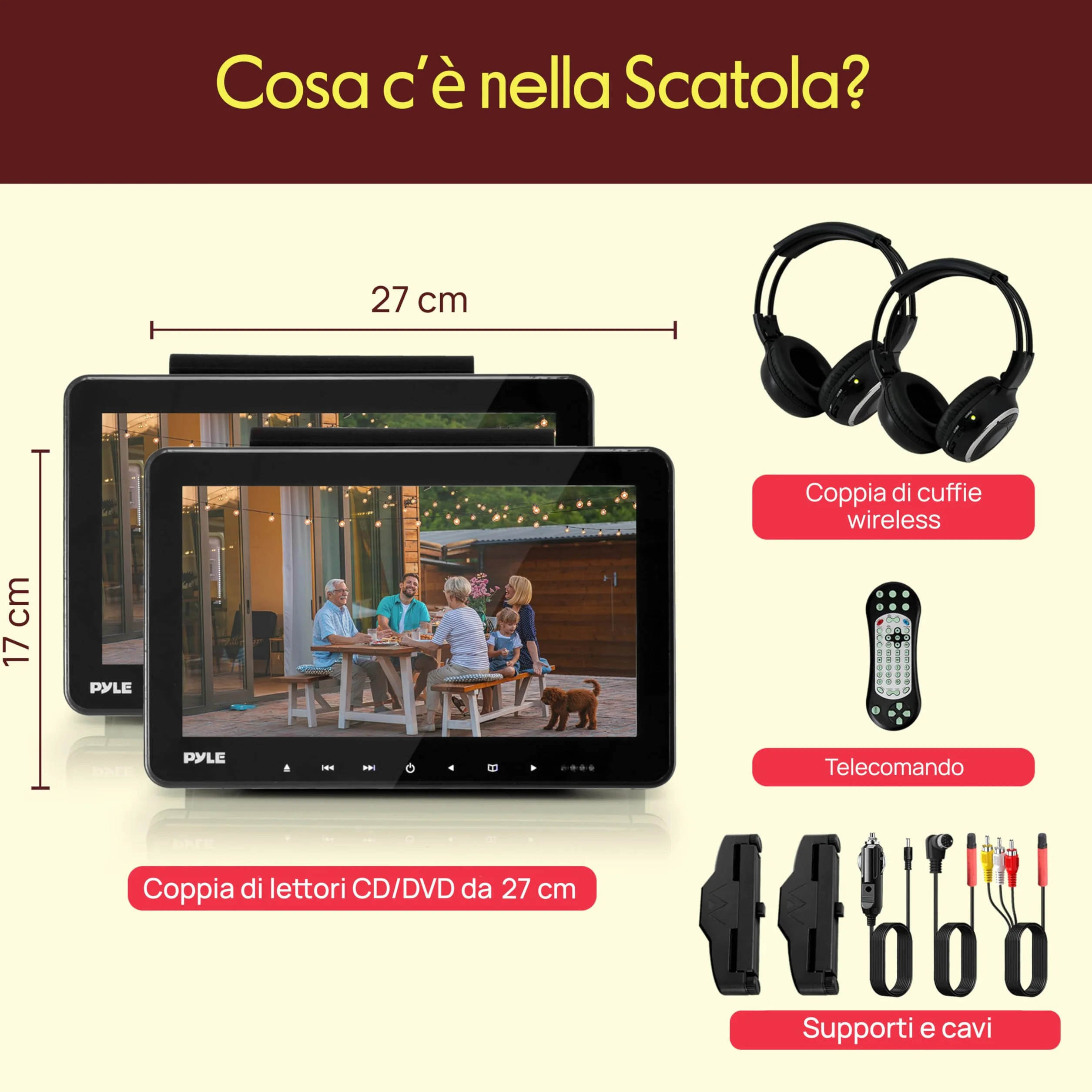 Pyle Schermo per Auto, per Poggiatesta Auto 26,7 cm con Lettore DVD Integrati, Trasmettitore IR/FM, HDMI, USB/SD, 2 Cuffie Wireless, Sistema Intrattenimento Sedile Posteriore Auto