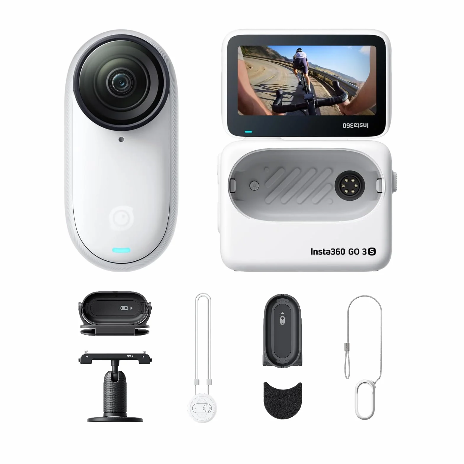 Insta360 GO 3S Ciclismo POV Bundle 128GB Bianco-Cam 4K per vlogging, POV a mani libere, montaggio magnetico, stabilizzazione, 140 minuti di autonomia, impermeabilità fino a 10 m, editing IA