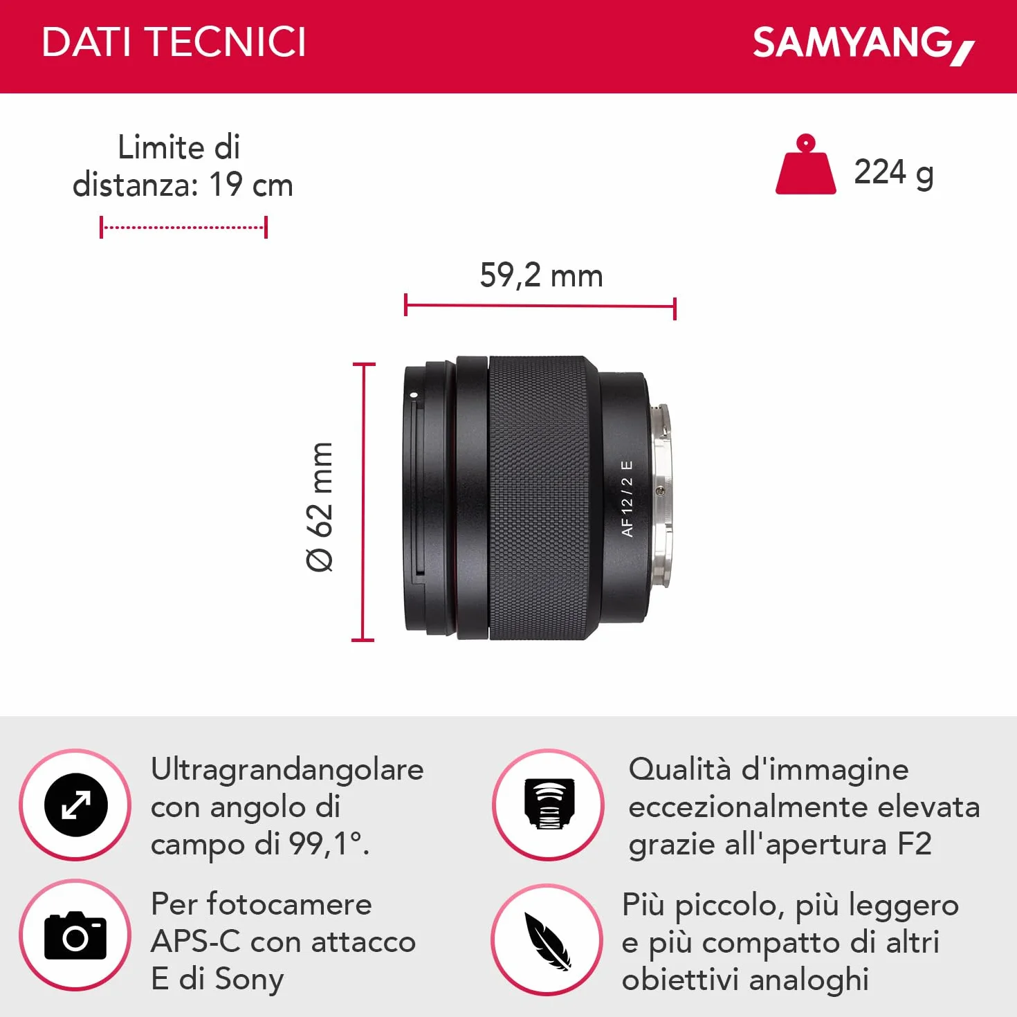 Samyang AF 12 mm F2.0 E Obiettivo per Sony E – autofocus APS-C grandangolare focale obiettivo per Sony E Mount APSC, per fotocamere Sony Alpha 6600 6500 6400 6300 6100 6000 5100 5000 NEX nero