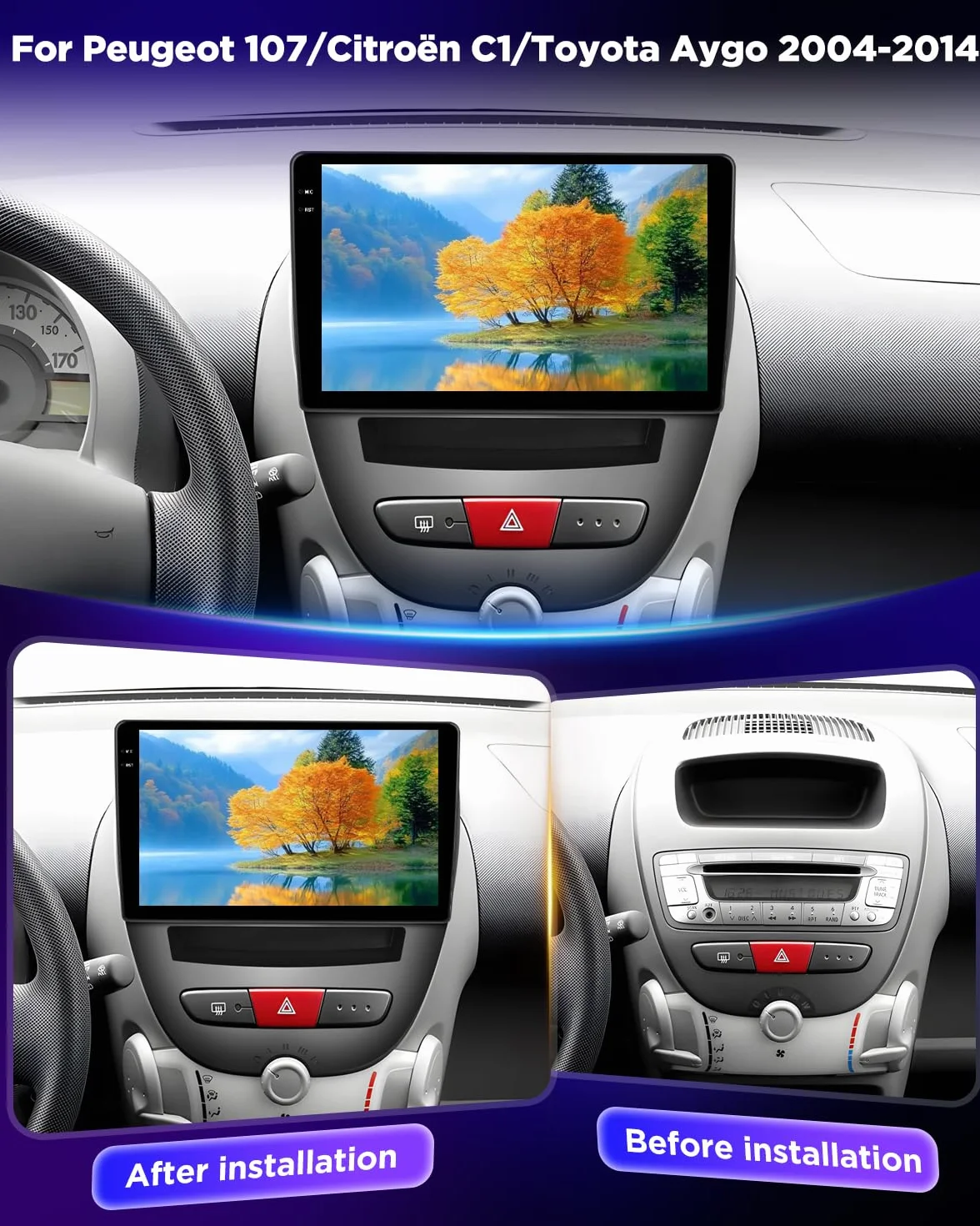NHOPEEW 4+128G Autoradio per Peugeot 107 / Citroen C1 / Toyota Aygo 2004-2014 con Carplay Android Auto - Schermo incell da 10 pollici Supporto WiFi GPS Comandi al volante + Telecamera di retromarcia