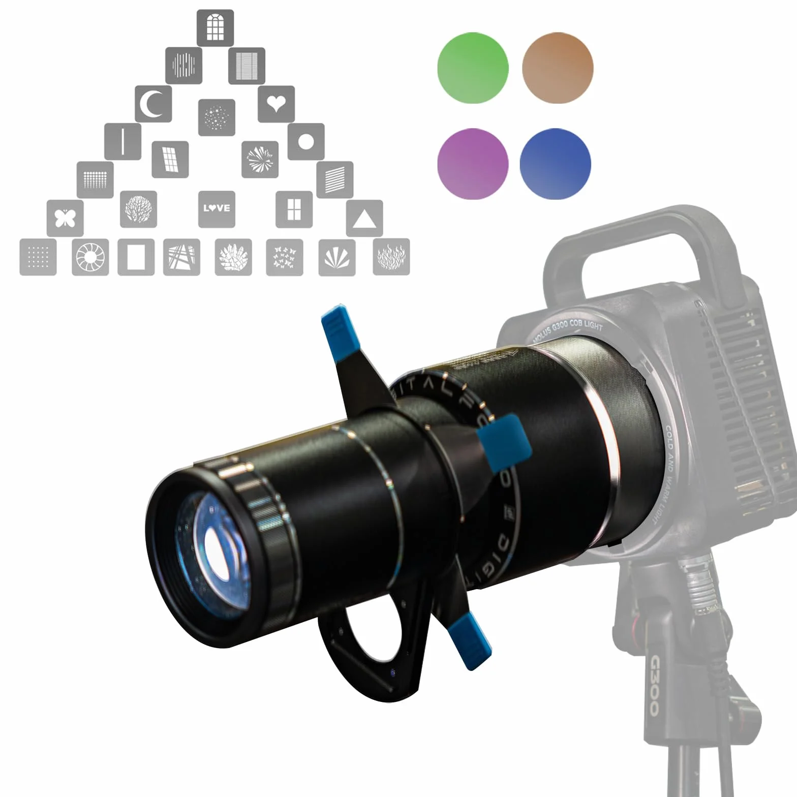 DF DIGITALFOTO Snoot Ottico Bowens Proiettore, 25 Gobo, Attacco di Proiezione di Seconda Generazione per Riflettore Fotografico, Compatibile con Aputure Amaran 100X/D 200D/X, Godox SL60, Focalizzato
