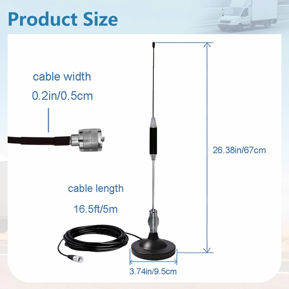 Antenna CB Magnetica 27 Mhz per Auto, Camion | Universale per Radio CB Midland, Uniden, President, Cobra,Alan | Con 5m RG58-Cavo, Connettore UHF PL259 & BNC, Ø95 mm Base Calamita, Alta 67cm