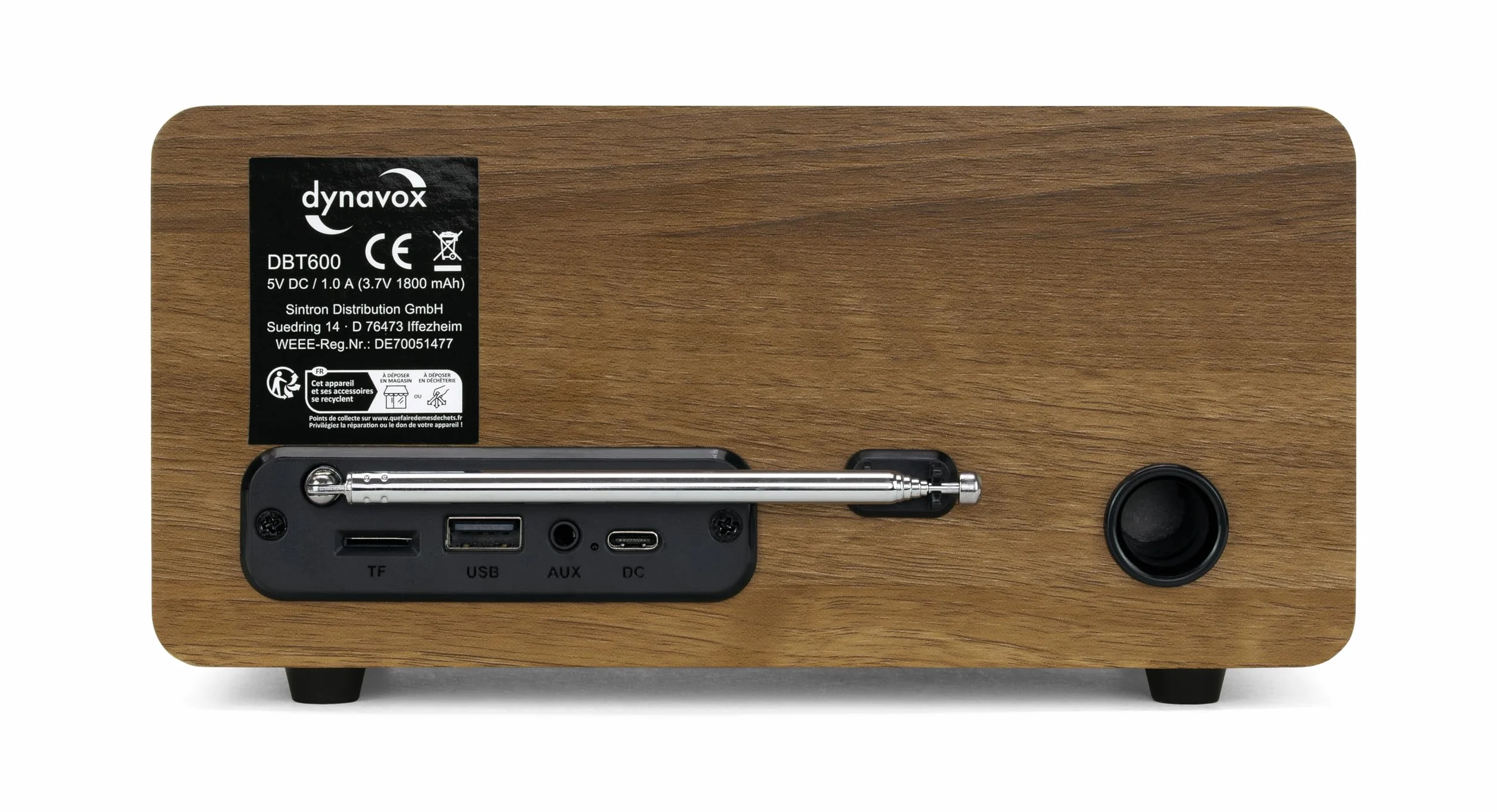 Dynavox DBT600 DAB+ Radio/digitale FM, portatile, ideale come radio da cucina/bagno/ufficio, sveglia, BT, display TFT, funzionamento a rete o batteria, USB/Micro-SD, decorazione in legno marrone