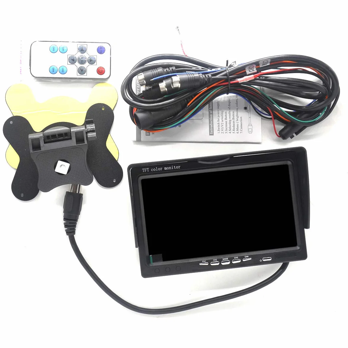 Padarsey Monitor TFT LCD da 7 pollici per specchietto retrovisore auto Quad Split, telecomando, 4 canali ingressi video RCA (connettore antiurto a 4 pin), schermo 12 V-24 V 800 × 480 HD, con parasole