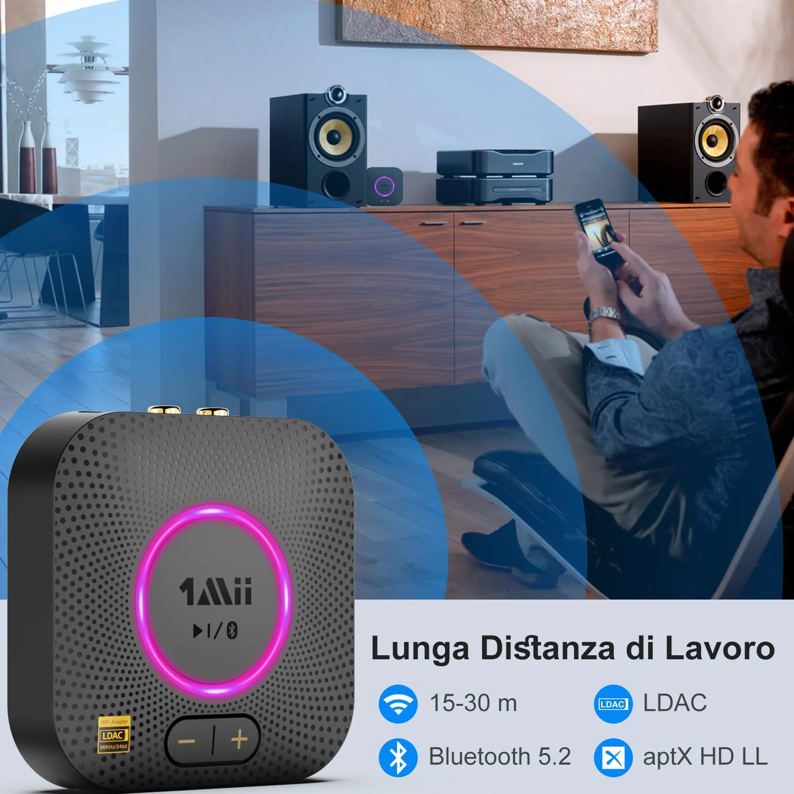 1Mii B06S+ Ricevitore Bluetooth 5.2 HiFi, Hi-Res LDAC Adattatore Audio Bluetooth con Jack AUX 3.5mm e RCA, aptX Bassa Latenza, 100ft Lungo Raggio Ricevitore con Controllo Volume per Home Audio/PC