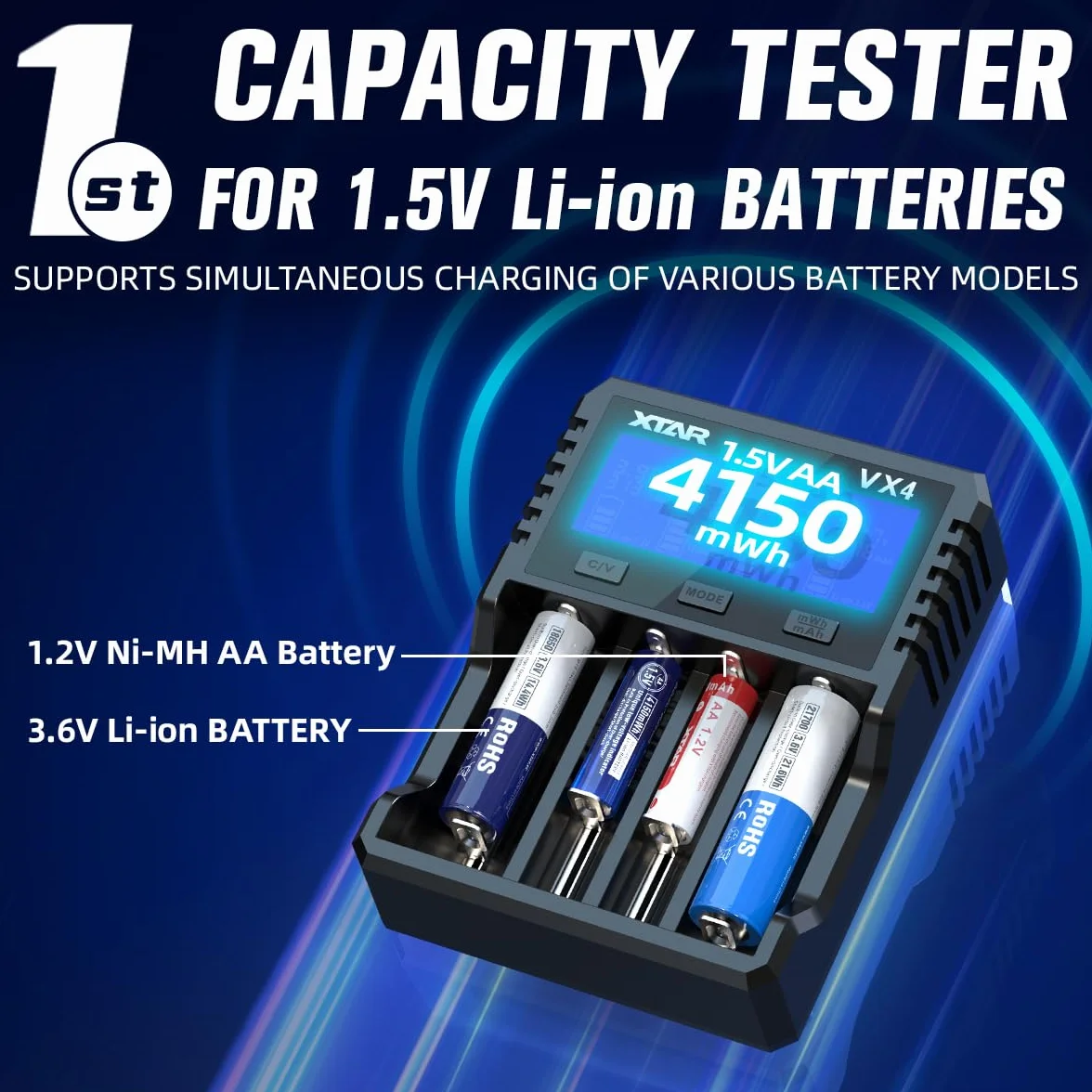 Xtar VX4 Ładowarka i tester pojemności Li-ION LiFePO4 NI-MH 1,2-3,7 V