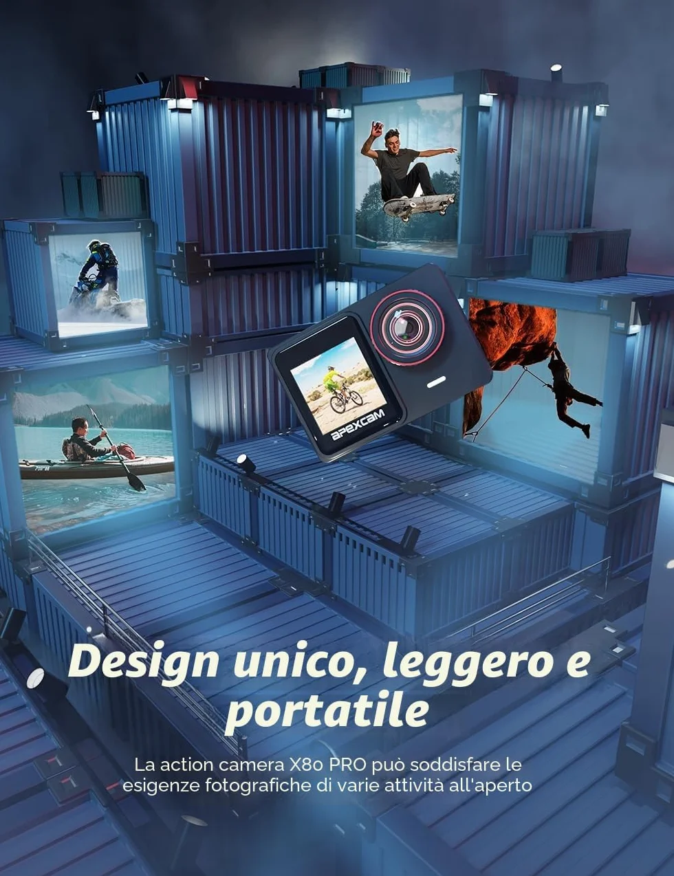 Apexcam Nuovo X80pro Doppia Screen Action Cam 4K60FPS 8X Zoom EIS 64MP Ultra HD WiFi Fotocamera Sportiva Telecamera subacquea 40m Impermeabile 2.4G Telecomando 2x1350mAh Batterie