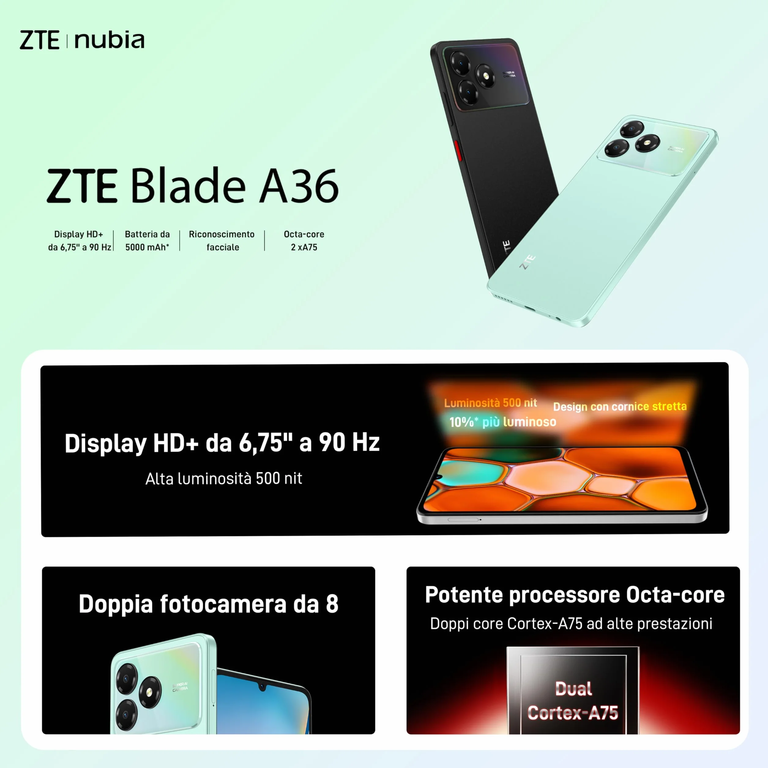 ZTE Blade A36 Smartphone 4G, Memoria 64GB, RAM 12GB (4GB+8GB memory fusion), Batteria 5000mAh, Fotocamera 8Mpx con AI, Android 15, Nebula Black