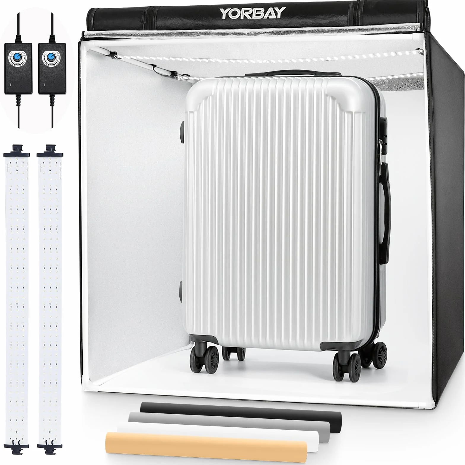 Yorbay Fotostudio Set per studio fotografico 80 x 80 x 80 cm, CRI 95+, con 4 pellicole in PVC (nero, bianco, grigio, bianco caldo)